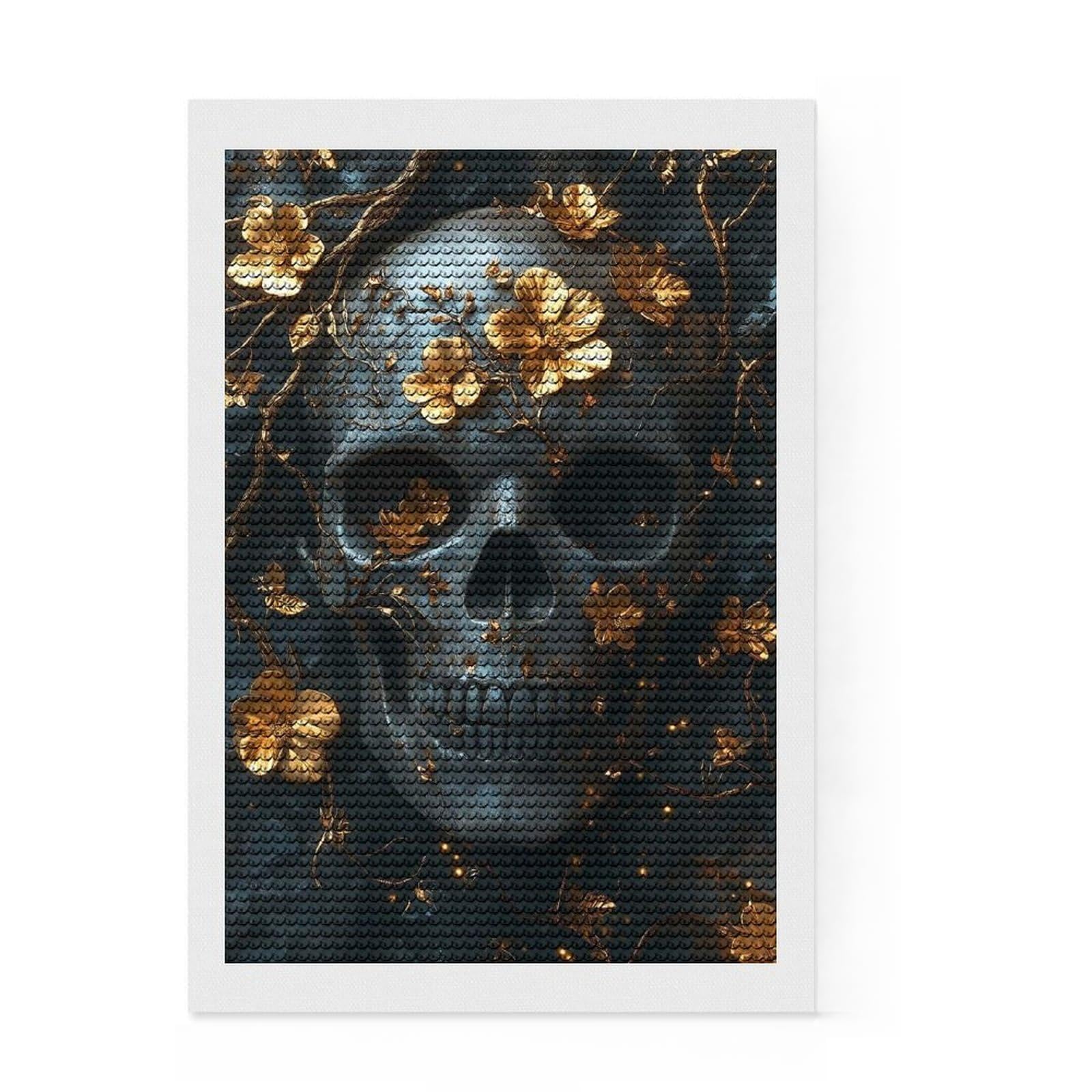 Junmoney Golden Skull with Flowers Diamond Art Canvas 8"x12", for Women, Sparkling Round Gems, Gift Idea, Boho Decor, Satisfying Creative Project