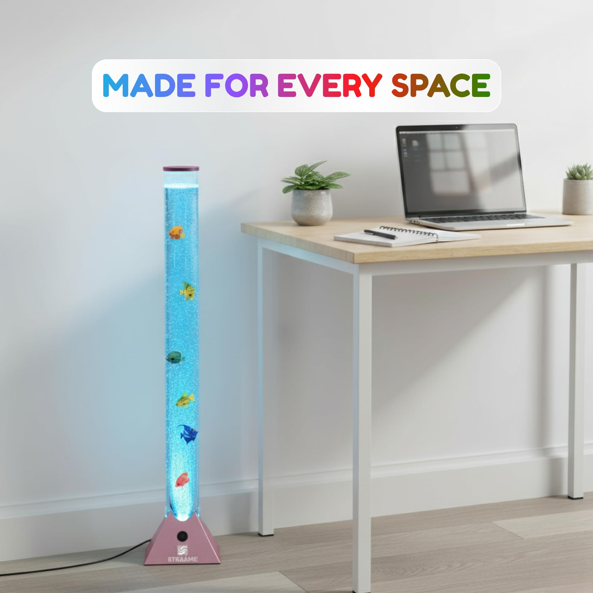 Straame 90cm Bubble Fish Lamp, Colour Changing LED Light, Sensory Room Decor & Mood Lamp, Includes Artificial Tropical Fish, Adjustable Bubble Tube, Plug-in Power, Rose-Gold Base — view 7