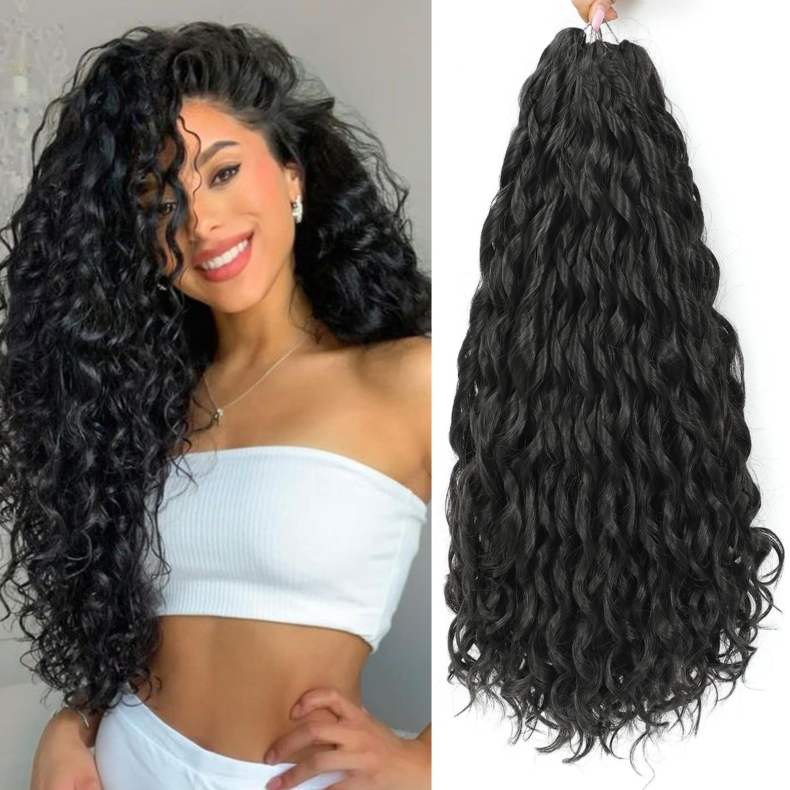 FANWYFYU 6Packs Deep Wavy Twist Crochet Braids Hair 18Inch French Curly Braiding Hair Pre-Looped Long Bohemian Crochet Hairs Water Wave Synthetic Curly Hair Extensions for Women and Girls (1B)