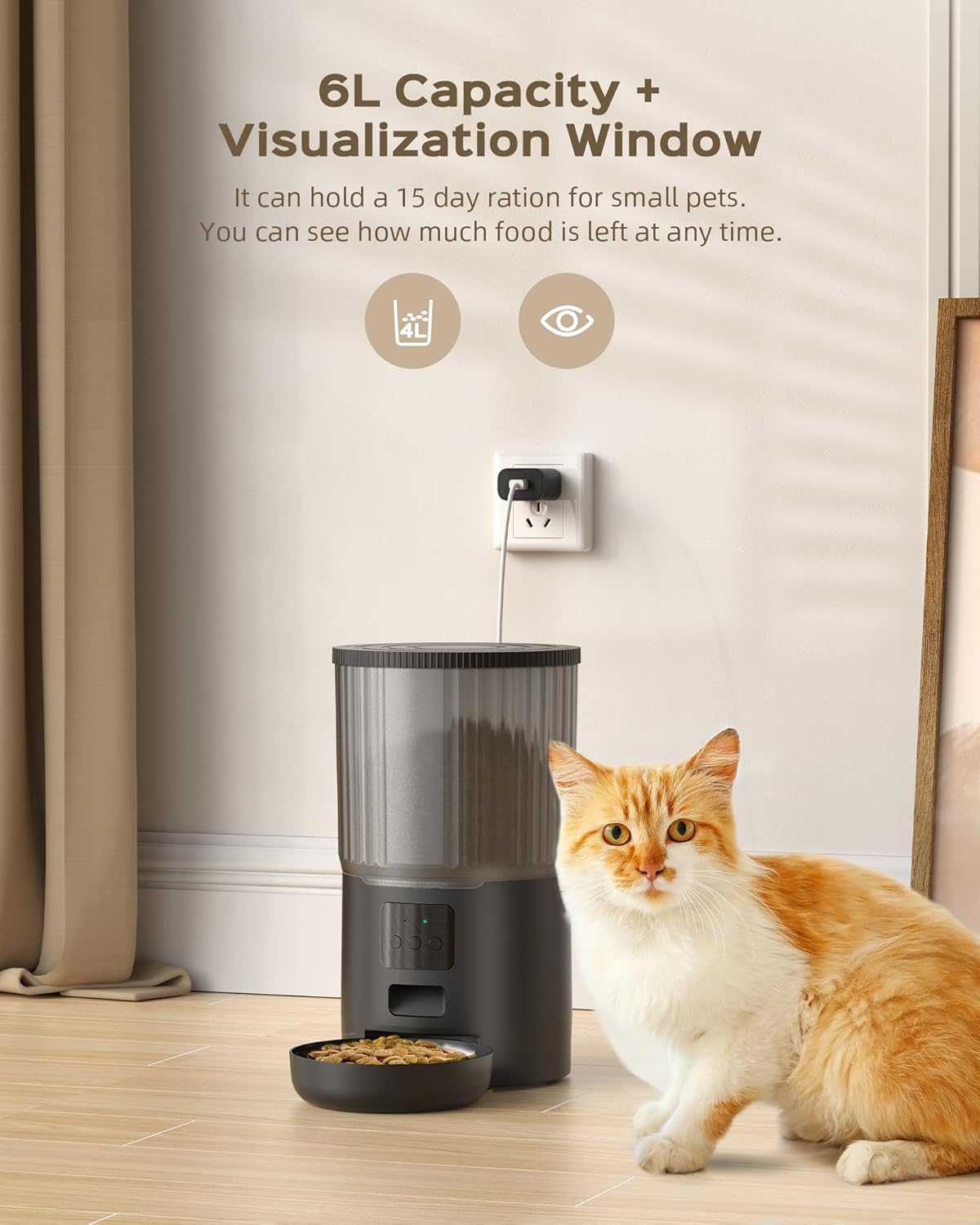 UIOOQ P1-6L Automatic Pet Feeder with a cat, showing the 6L capacity and transparent food window.