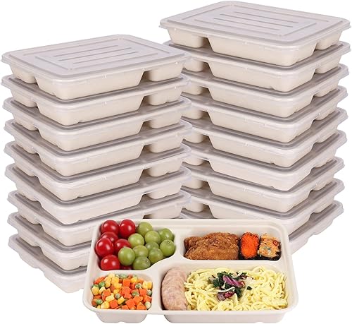 JAYEEY Platos desechables de 40 onzas con 4 compartimentos con tapas de polipropileno para niños, fiambrera bento para niños, fibras vegetales