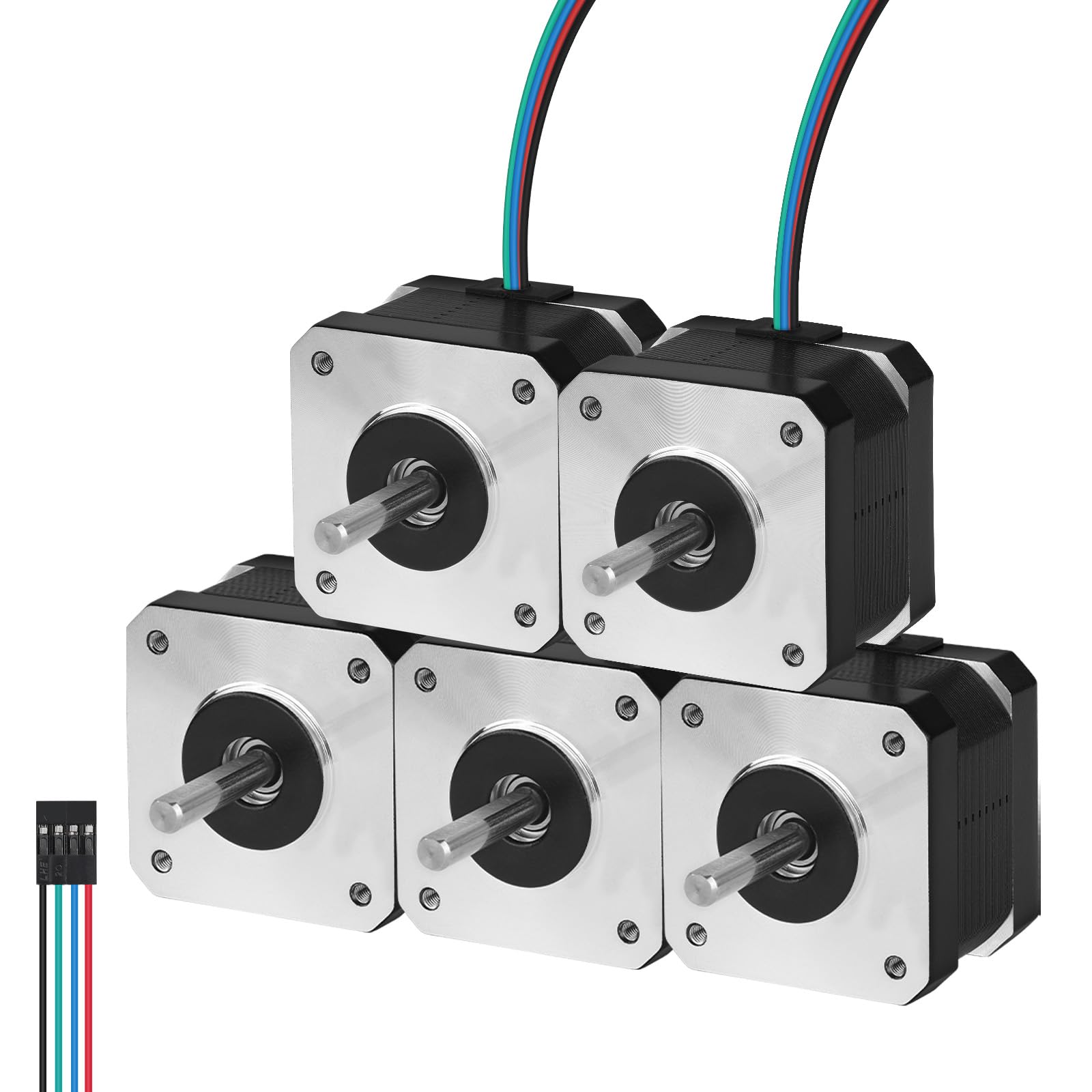 Lot de 5 moteurs pas à pas Nema 17 1,8 ° 2 phases couple élevé 0,29 nm bipolaire 42 x 33 mm 0,4 A 30 Ω arbre 4 fils 24 mm φ5 mm 42 câbles de moteur pas à pas 1 m pour imprimante 3D DIY Robot