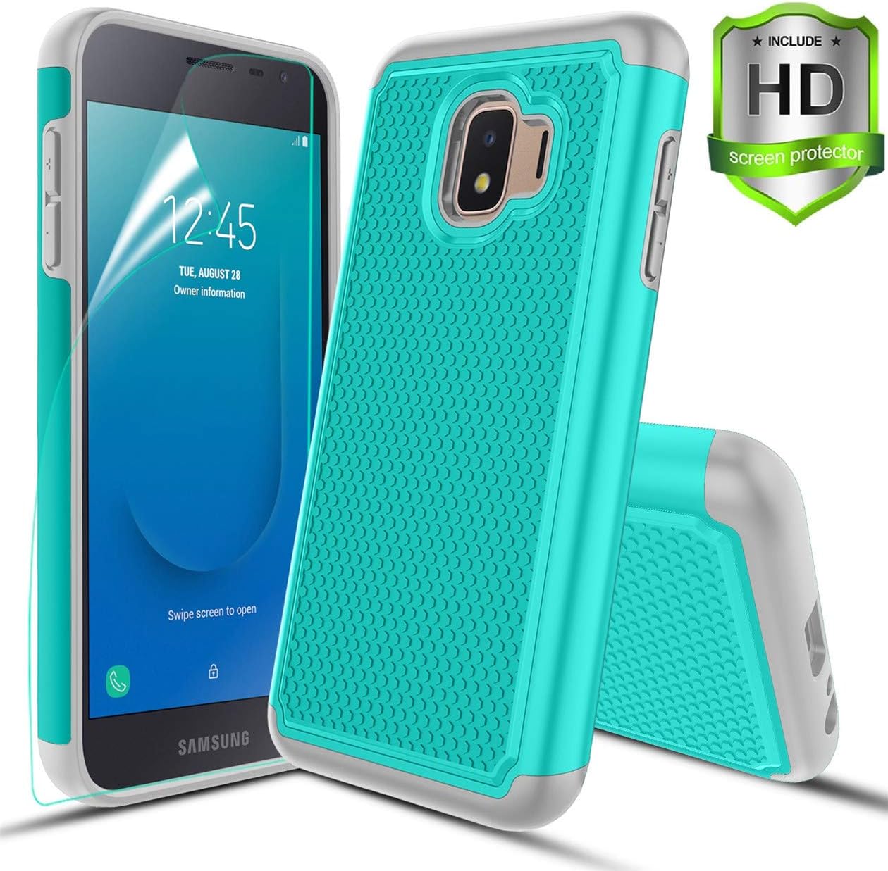 Compatible with Samsung Galaxy J2 Case/J2 Shine/J2 Core/J2 Dash/J2 Pure/J260 Case,w HD Screen Protector Dual Layers Protective Hard PC Football Lines Design Back Soft TPU Rubber Shockproof Case.Teal