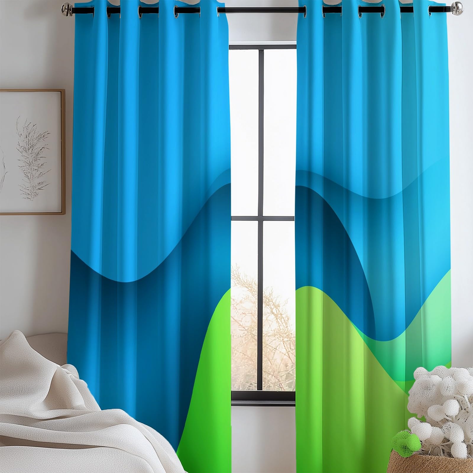 Générique Rideaux Occultants Enfant Minimalisme Lignes 110 x 215 cm (L x H), Isolation Phonique à Œillets Dégradés Formes Plates, pour Chambre Garçon (2 Panneaux) Bleu