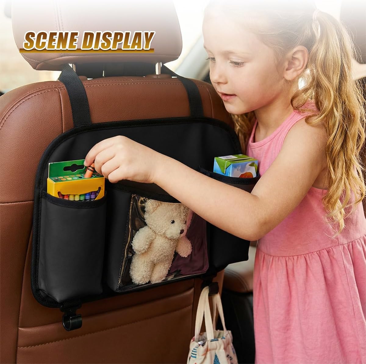 Craedli 3 in 1 Car Back Seat Organizer with Cup Holder & Hook, Multifunctional Car Seat Back Storage Box for Hold Phone Drinks Handbag, Auto Interior Organizer Travel Accessory with Tissue Box (Black)