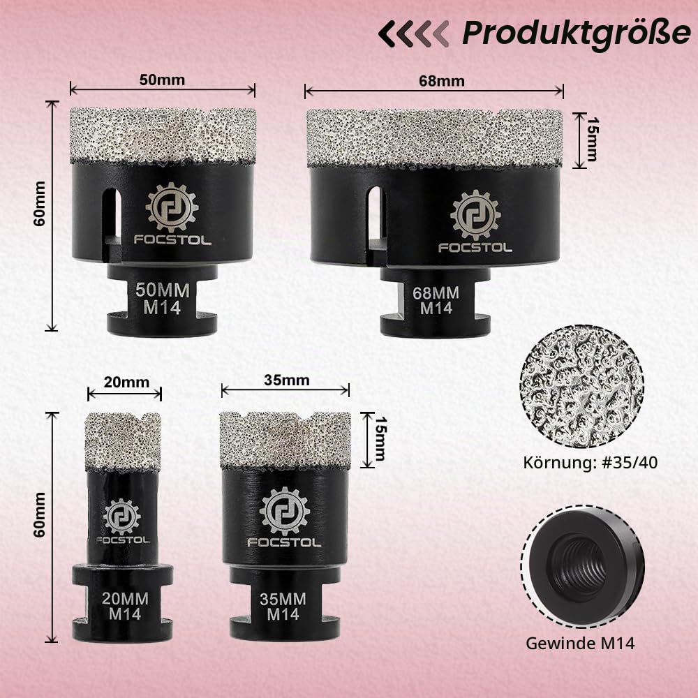 FOCSTOL Diamant Fliesenbohrer Set - 4 Stück (20/35/50/68mm) Fliesen Bohrkronen Set für Fliesen Porzellan Keramik Marmor