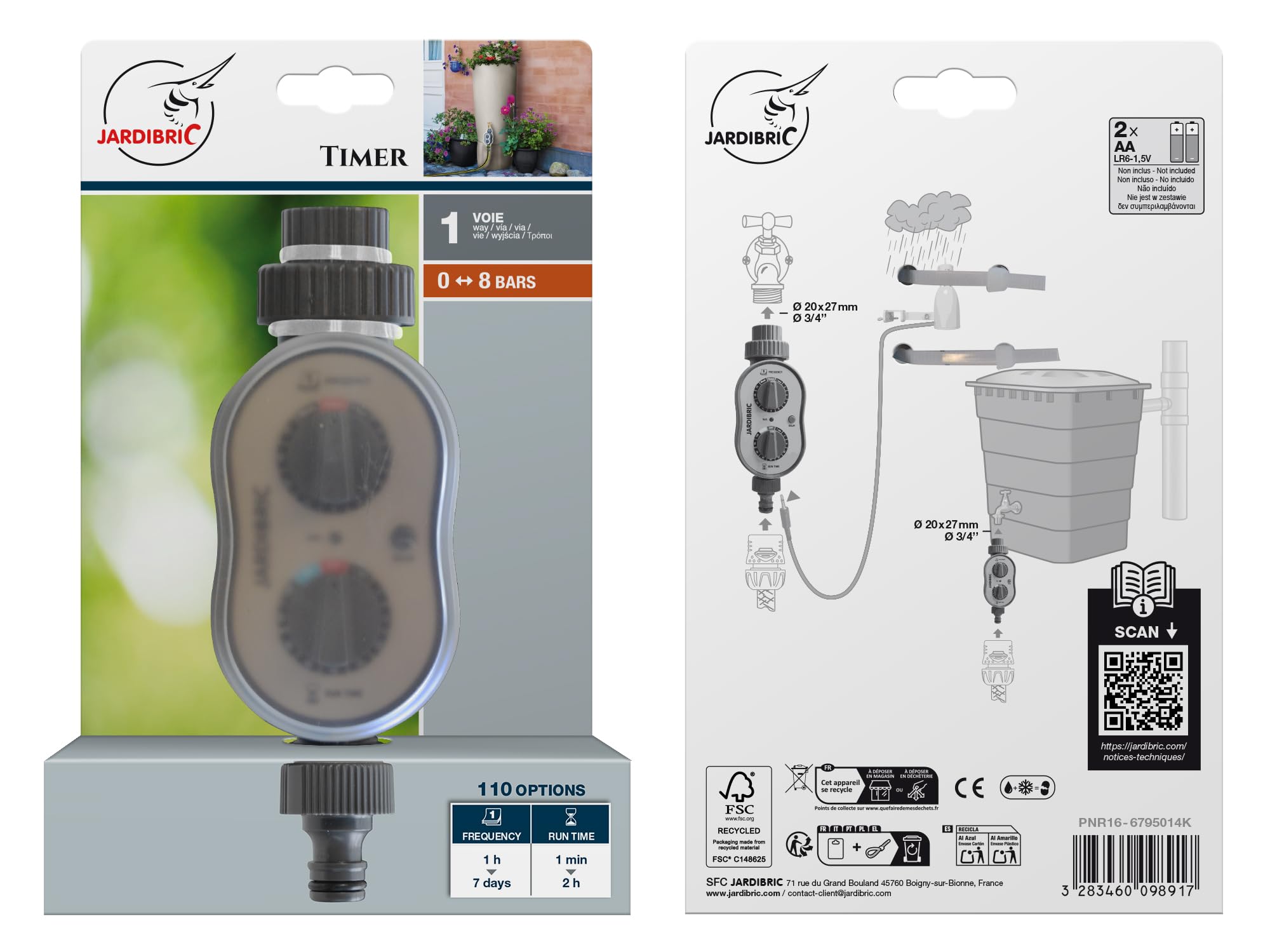 Jardibric - Programmateur d’Arrosage sans Pression 0 Bar 1 Voie - 110 Programmes - Durée 1 Min à 2 h - Fréquence 1 h à 7 Jours - Compatible Réserve d’Eau et Détecteur de Pluie (Option)
