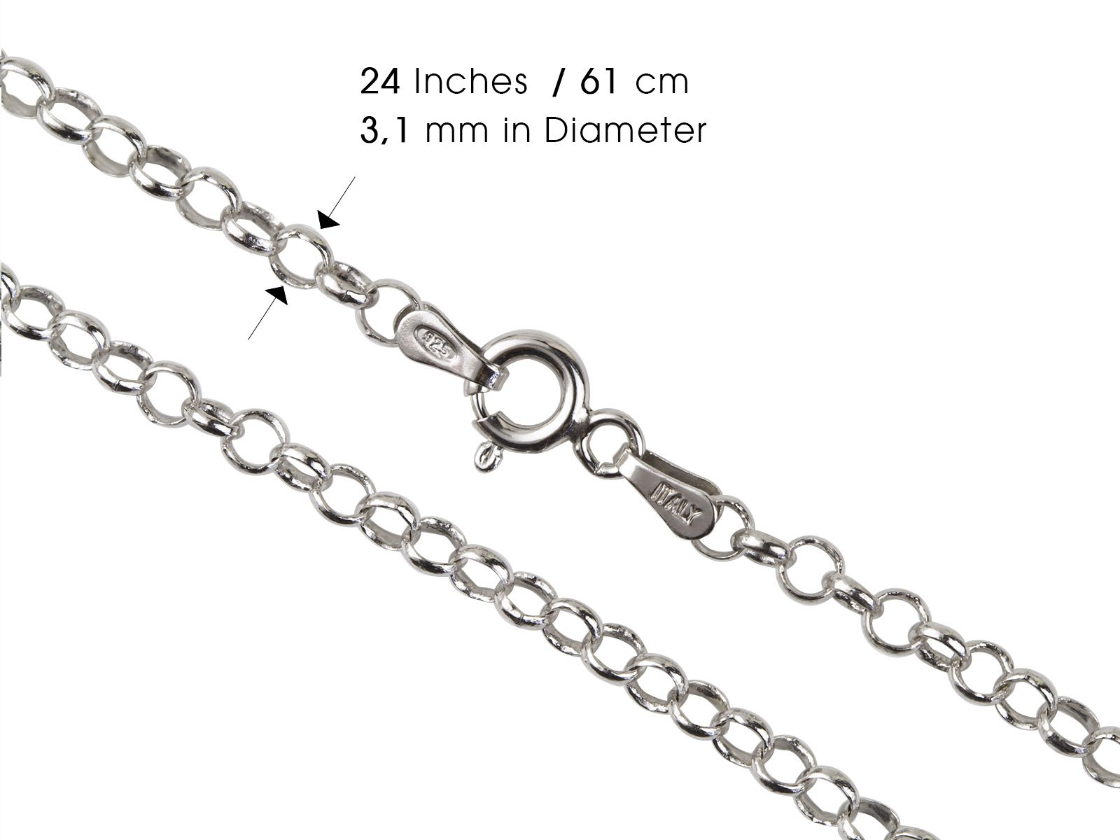 AKA Gioielli® - Cadena Belcher Rolo 3 mm Plata De Ley Esterlina 925 Rodio - Collar Fina Mujer Hombre Longitud: 40 45 50 55 60 65 70 75 cm