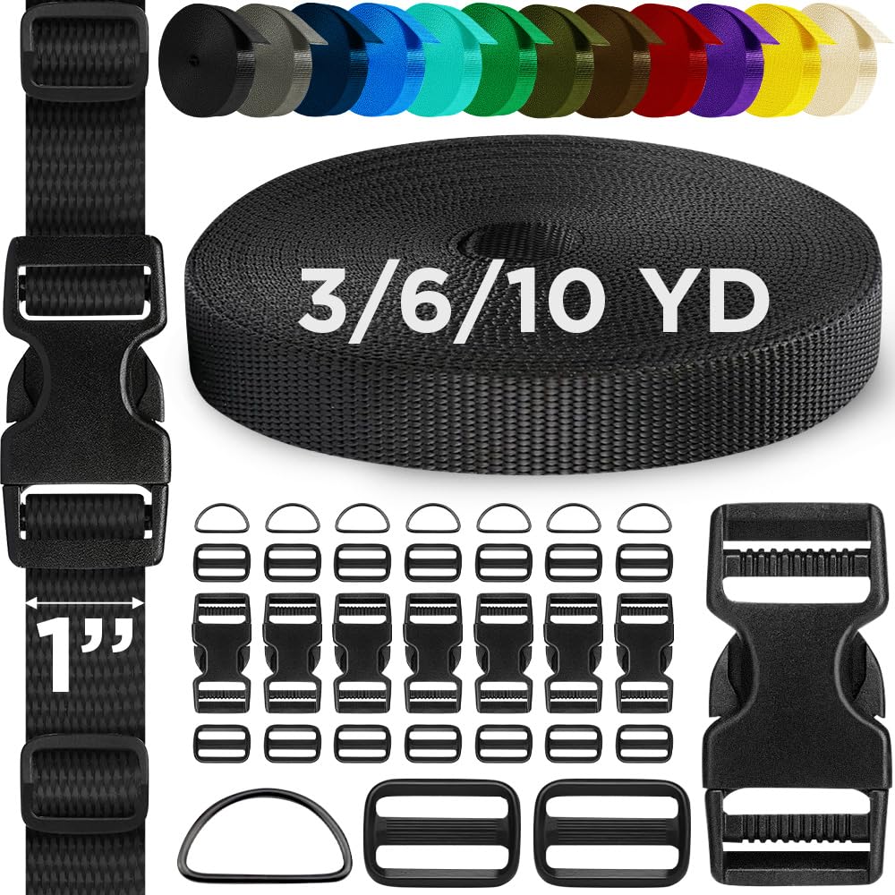 TECEUM Buckles & Strap Kit – 1" Black Nylon Webbing 10 (yd) – 8 Heavy Duty Adjustable Plastic Buckles – 16 Tri-Glide Slide Clips – 8 Metal D-Ring –