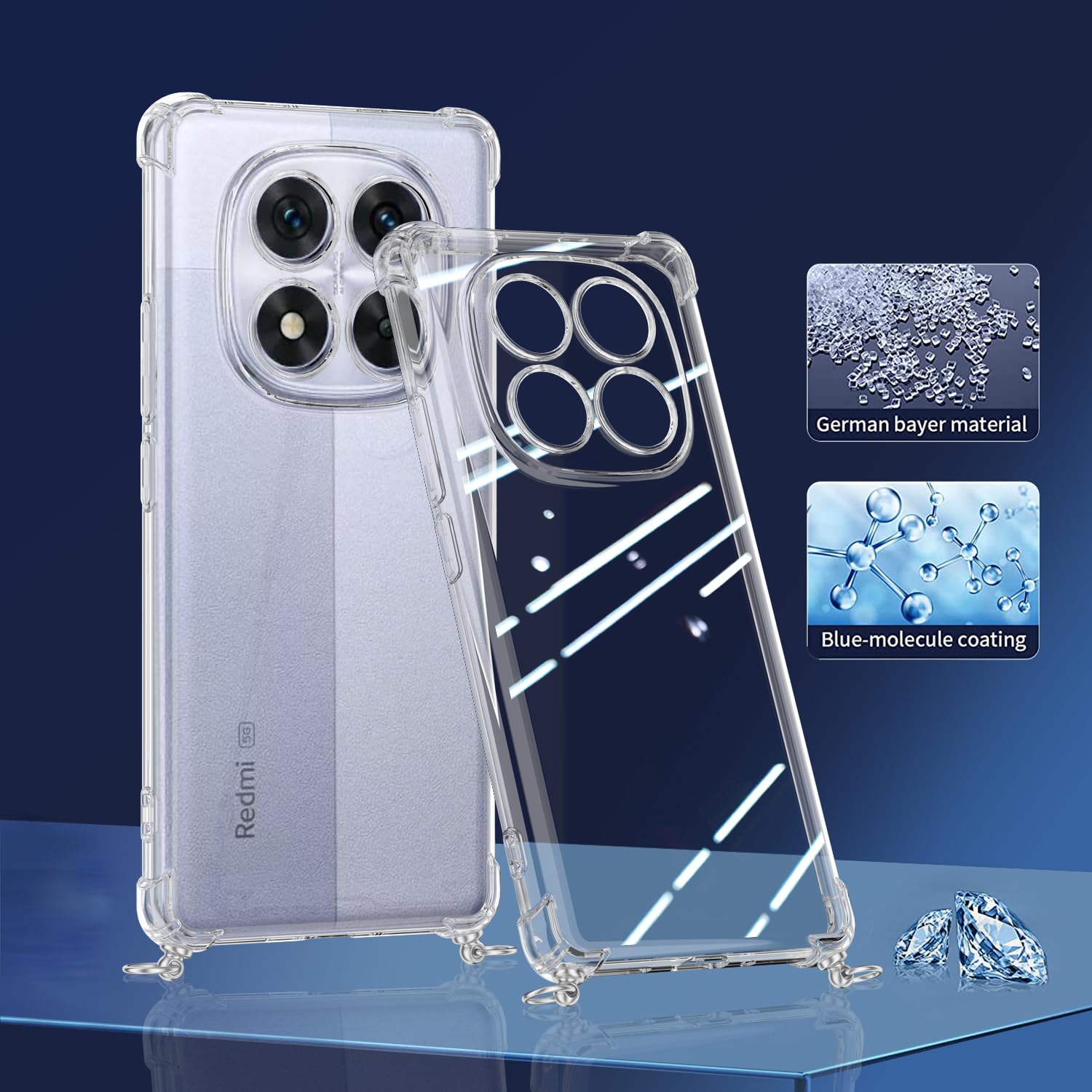 TTSWJBD Cover per Xiaomi Redmi Note 14 4G con Cordino Custodia con 1 Pellicole Vetro Temperato, Silicone Liquida Case con Laccio Tracolla, Regolabile e Rimovibile, Antishock, Anticaduta - Giallo