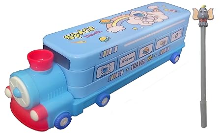 SHREE TECHNESH Amazing Cartoon Printed Train Metal Pencil Box with Moving Wheels and Gel Pen for Kids (Blue)