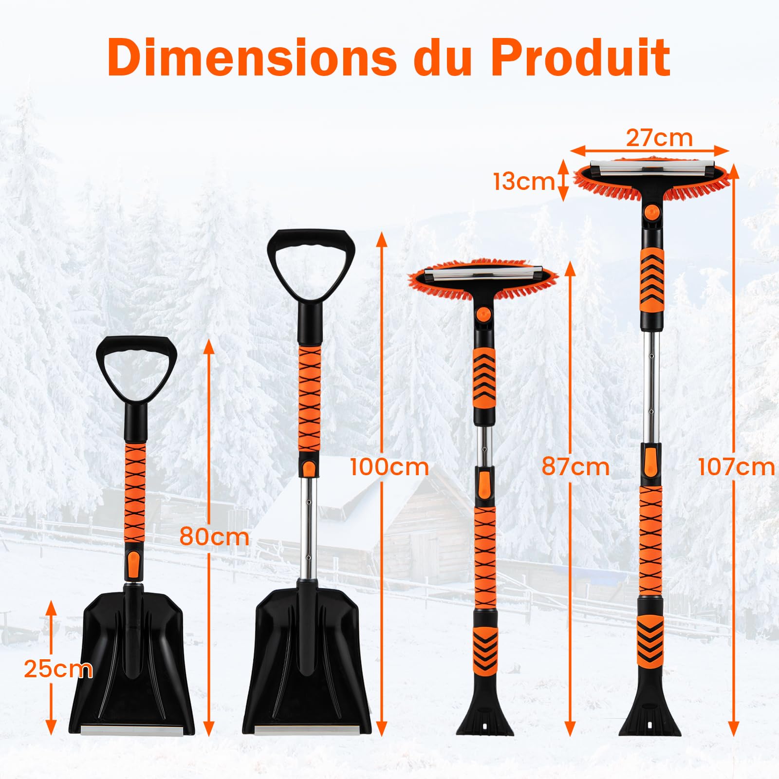 GOPLUS 4 in 1 Pelle a Neige Extensible 80/100cm, Grattoir Pare Brise Voiture et Brosse Voiture Détachable 87/107cm, Tête Pivotante à 180°, Manche en Aluminium, Poignée Mousse, pour Camions, SUV