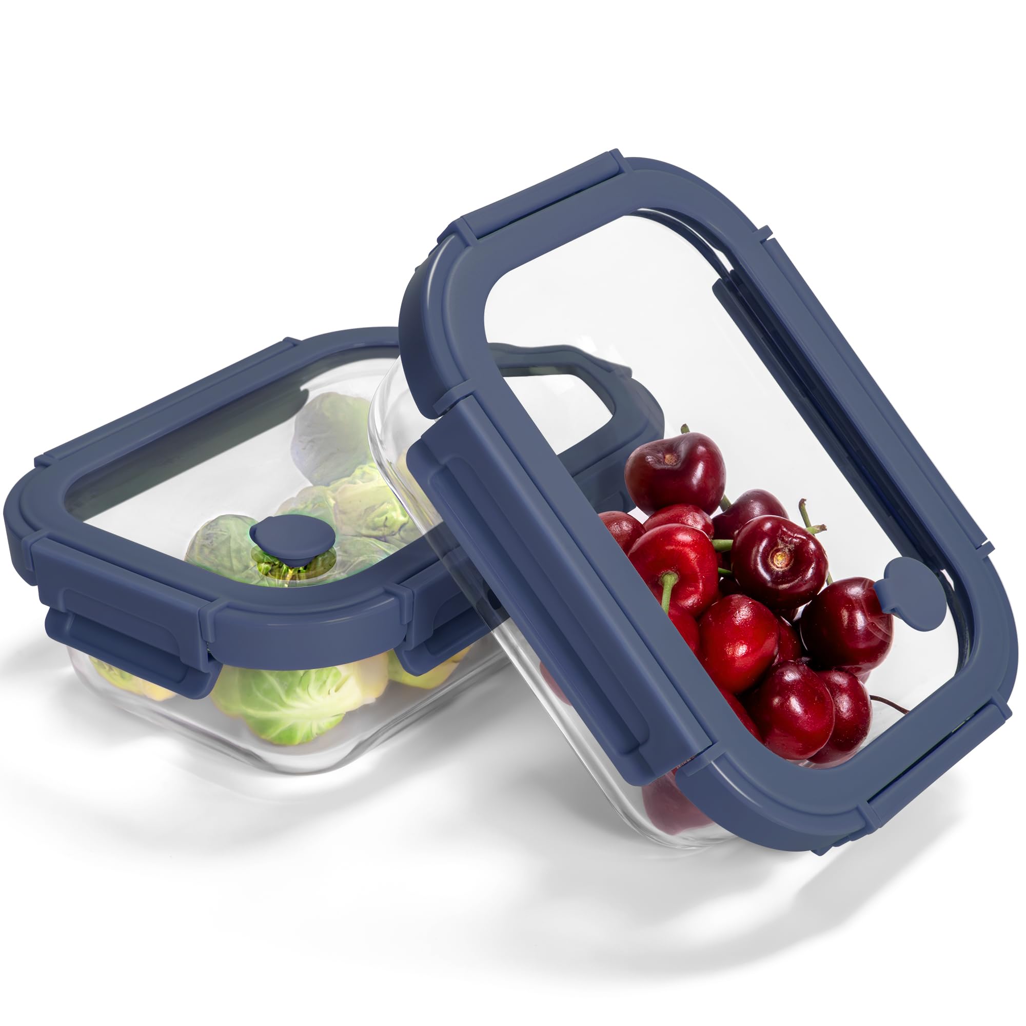 BOROHOUSE 2-Pack Glass Food Storage Containers with Tempered Lids (630ml/2.7cup) - Airtight Snap Lock, Microwave & Oven Safe (-20°C~510°C), Freezer to Baking Dish, BPA-Free, Gift Box（Blue）