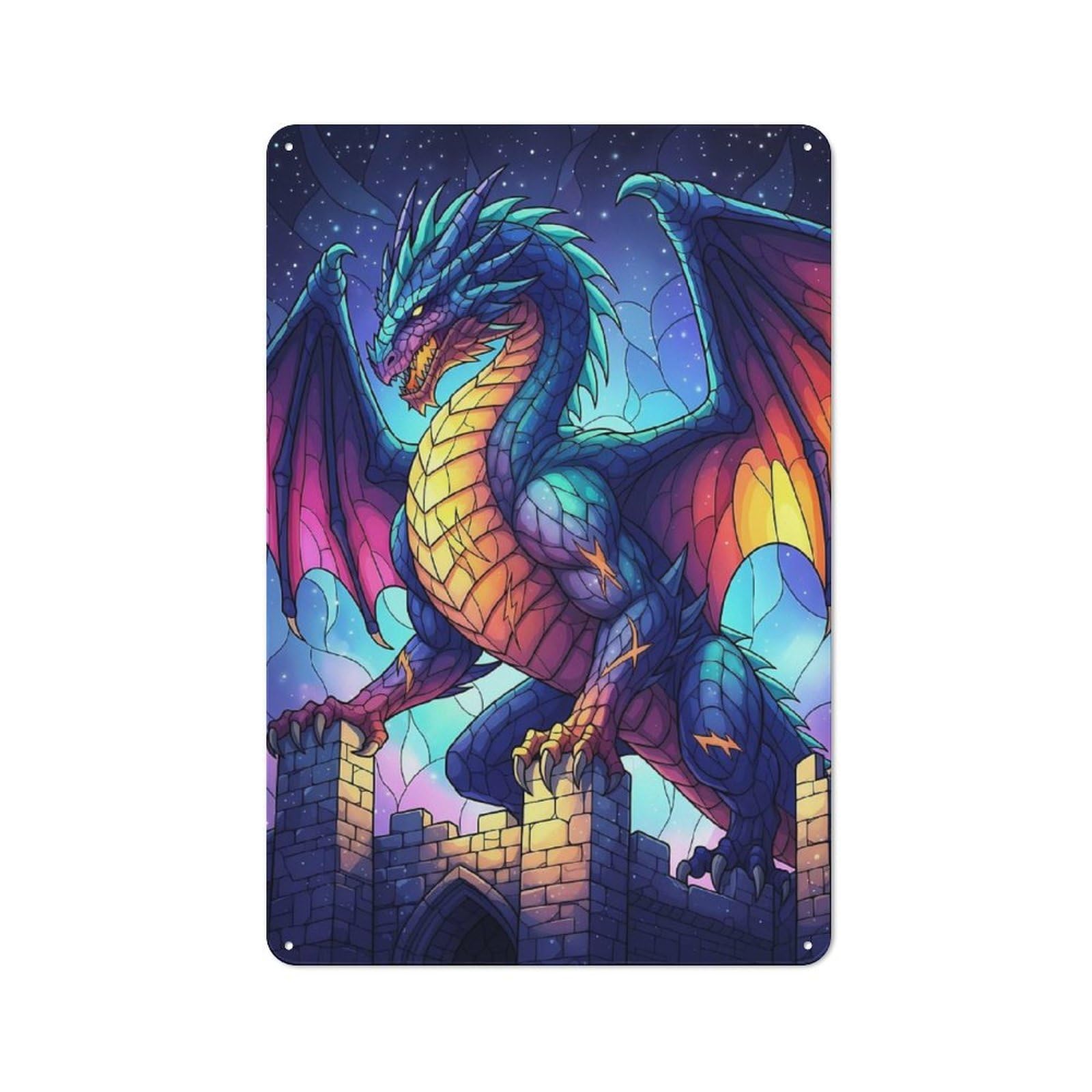 Junmoney Dragon On Castle At Night Tin Sign 30X20cm With For Living Room Wall, Retro Decor, Autumn Wall Decor For Living Room Decor Lovers