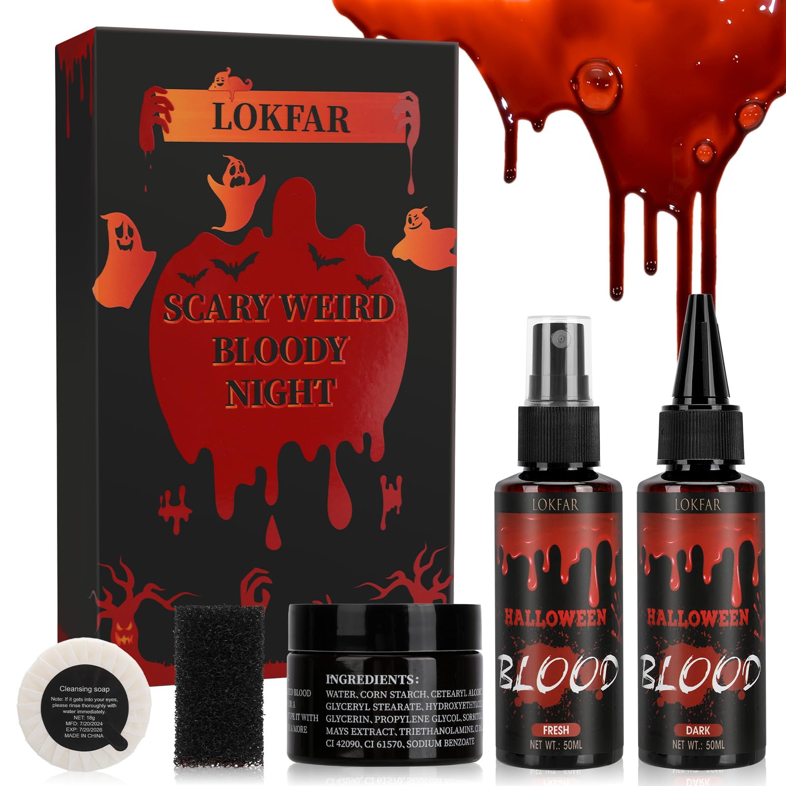 6 IN 1 Fake Blood Kit，Fake Blood 1.69oz X2 + Coagulated Blood 1.41oz+Spray Head+Dripping Head+Soap+Sponge【Washable】【Realistic Effect】【Skin Friendly】Professional Fake Blood Makeup Kit，Fresh+Dark Fresh+Dark+Coagulated Blood