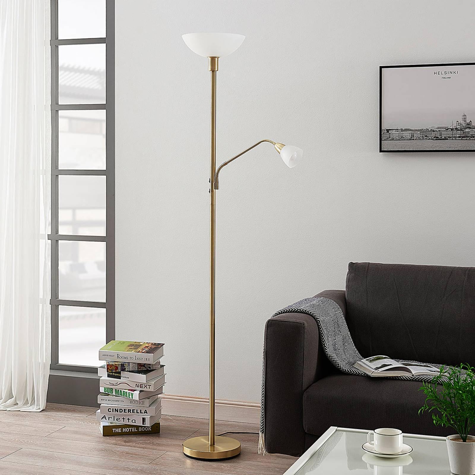Lindby Stehlampe, Deckenfluter verstellbarer Lesearm Standleuchte 1x E27 max. 15W und E14 8W ohne Leuchtmittel Standlampe Wohnzimmerlampe