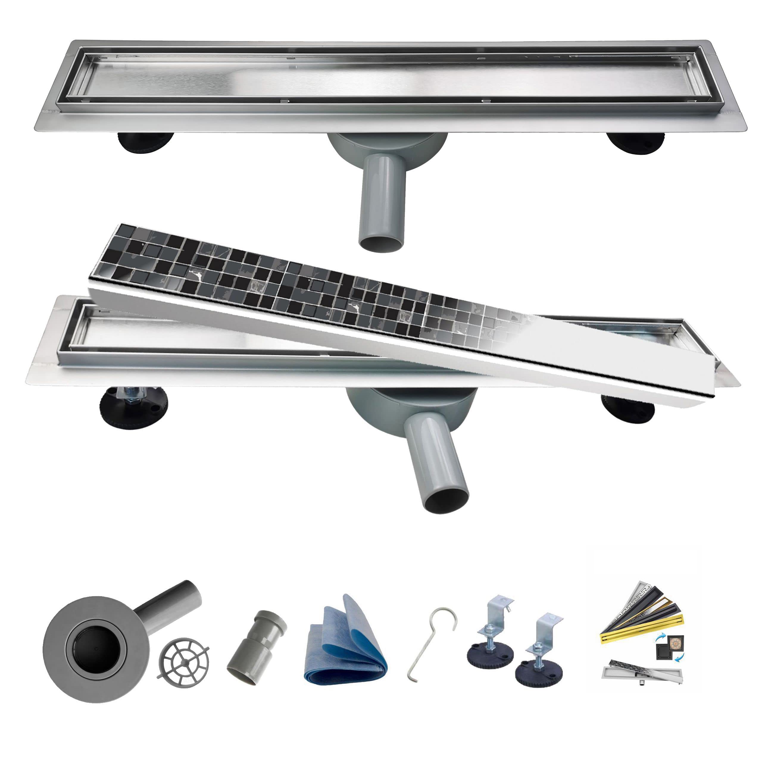 Desagüe De Ducha Canaleta De Ducha Lineal Con Rejilla De Doble Cara Sifón Giratorio De Acero Inoxidable Para Baldosa De 80 cm Plateado R04800