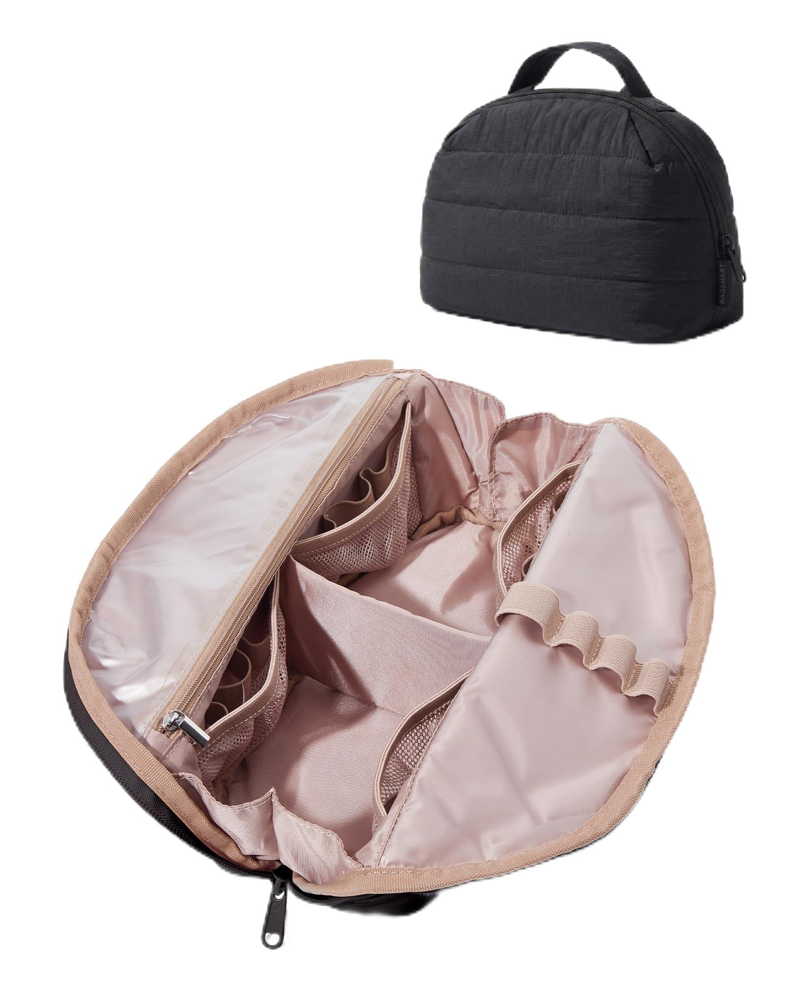 BAGSMART Puffer Kosmetiktasche Damen, Tragbarer Faltbarer Schminktasche, Gepolsterte Make up Tasche, Wasserabweisende Kulturtasche für Toilettenartikel und Pinsel Schwarz