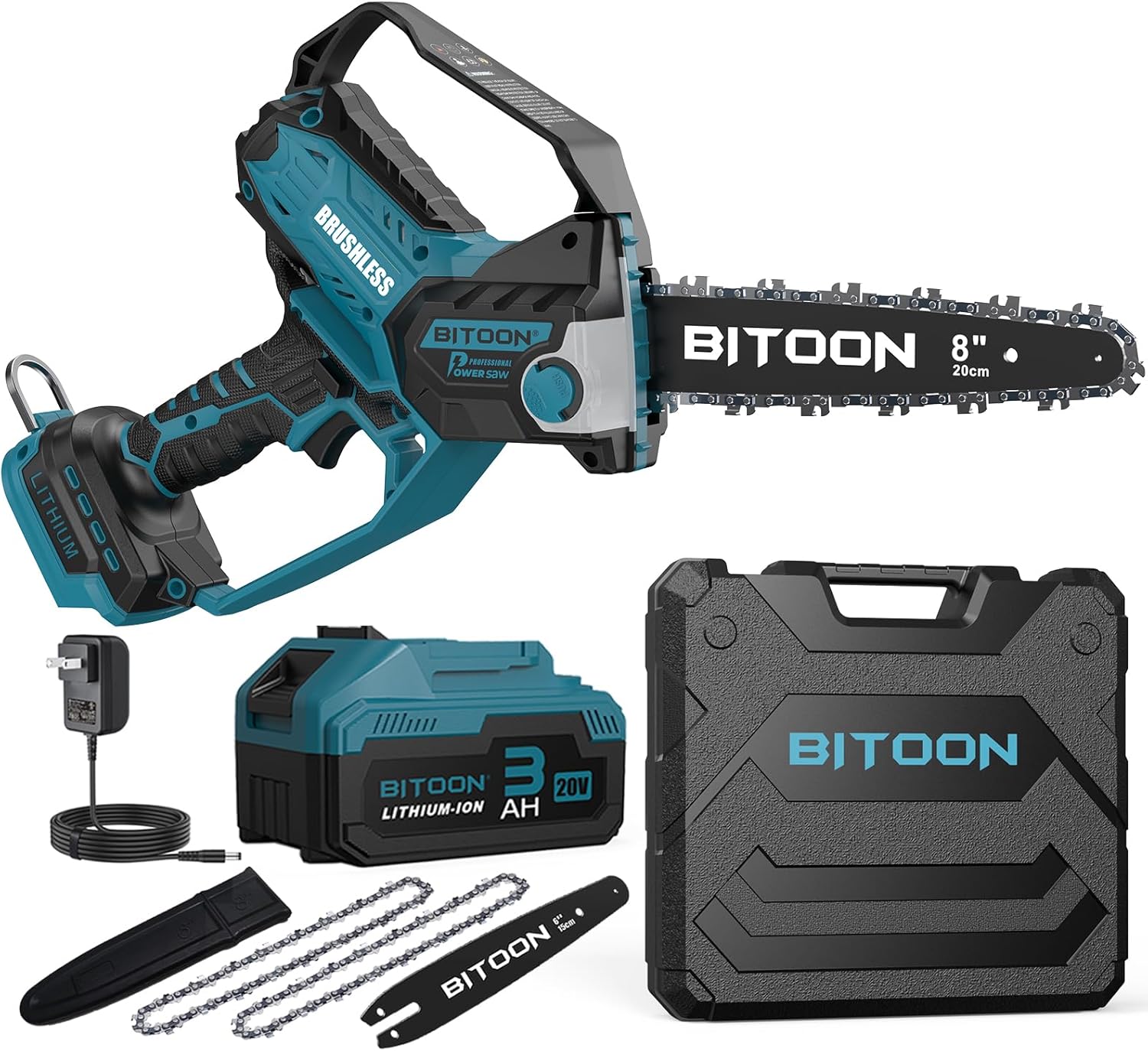 BITOON Mini Chainsaw with a 3.0Ah Battery and Charger, AutoOiler