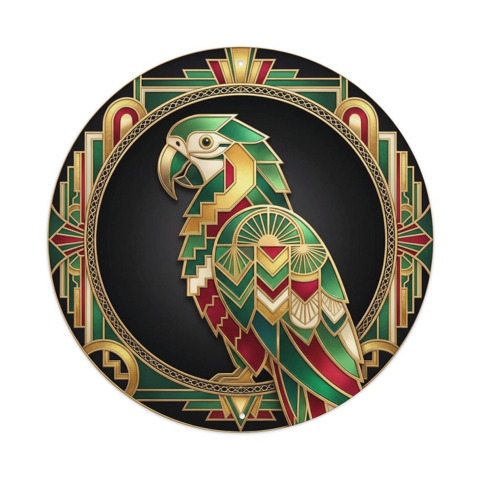 Parrot Bird Deco Style Tropical Wildlife Geometric Profile Metal Tin Sign Plaque Wall Decor for Cafe, Man Cave, Club Bar, Office, Home Garden Round Metal Poster 8x8Inch