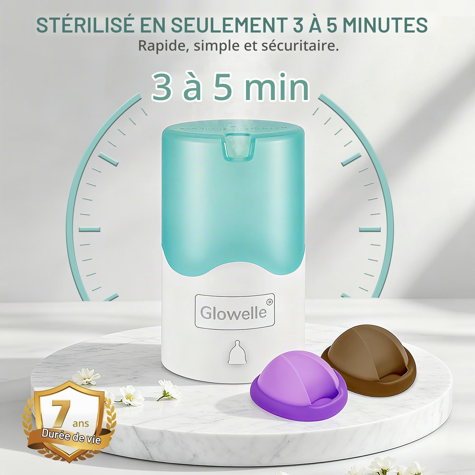 GLOWELLE Set de Disque Menstruel et Stérilisateur, Mini Nettoyeur de Disque/Coupe avec 2 Disques Menstruels Réutilisables Souples, Alternative aux Tampons, Serviettes et Coupes pour Femmes