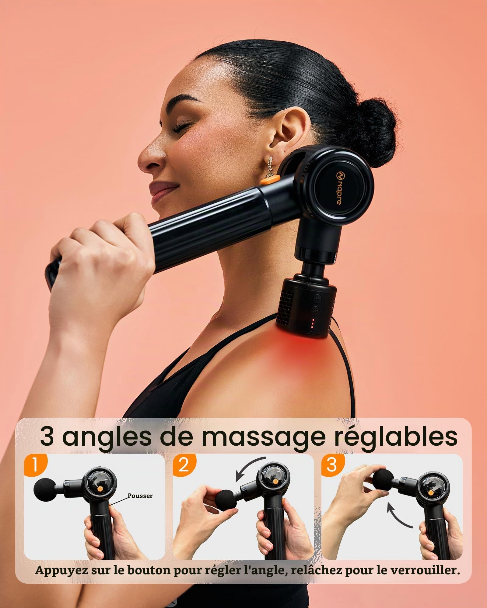 Pistolet de massage,NAPRE Pistolet de Massage Musculaire avec Tête Chaude et Froide,Pistolet Massage Musculaire avec Poignée étendue et 3 Angles,Massage Gun Pour Dos épaules,Jambes,Muscles,Noir