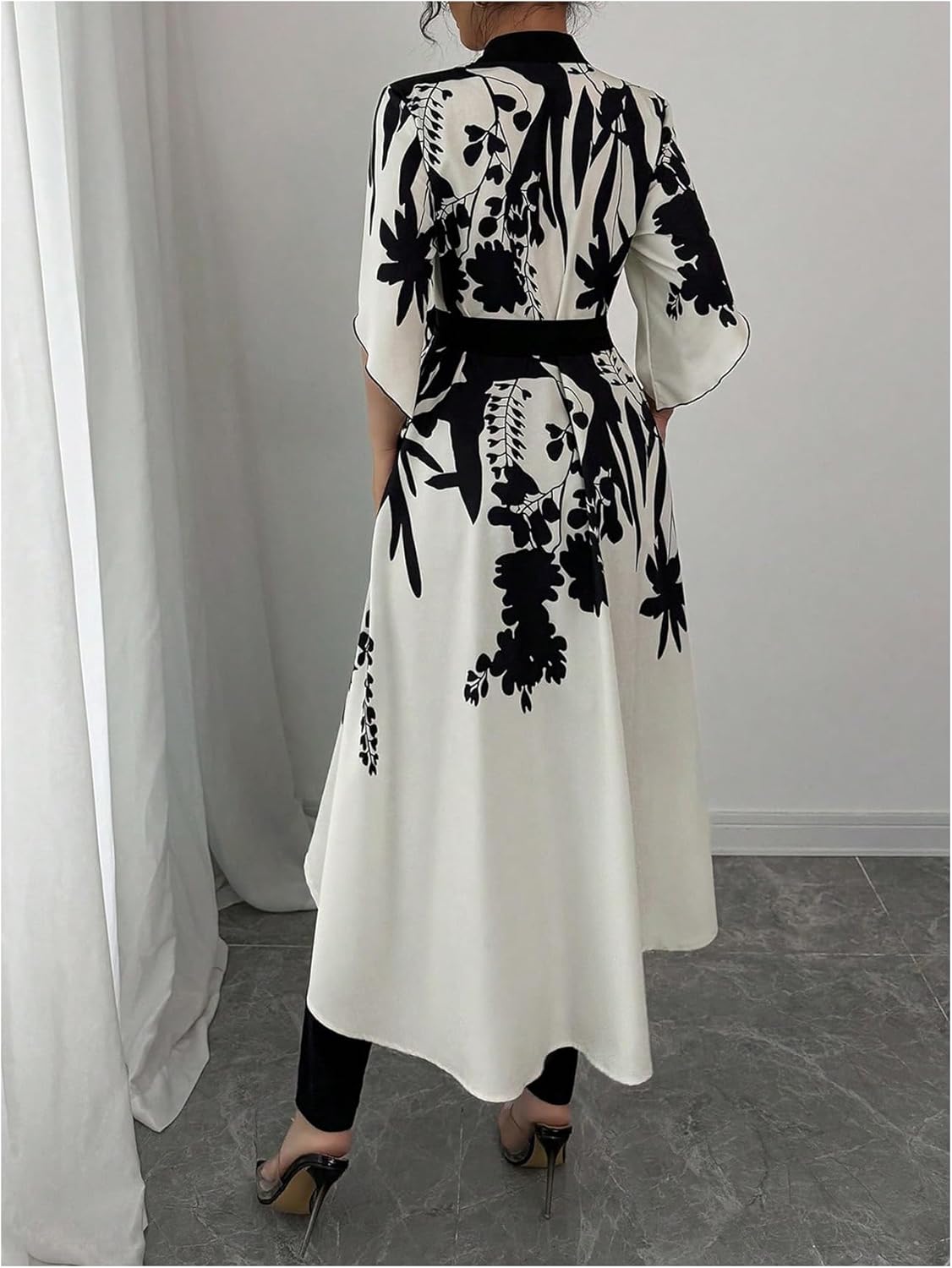 MakeMeChic Women's Floral Bell Sleeve Blouse V Neck High Low Tie Front Work Dressy Tops - Image 3