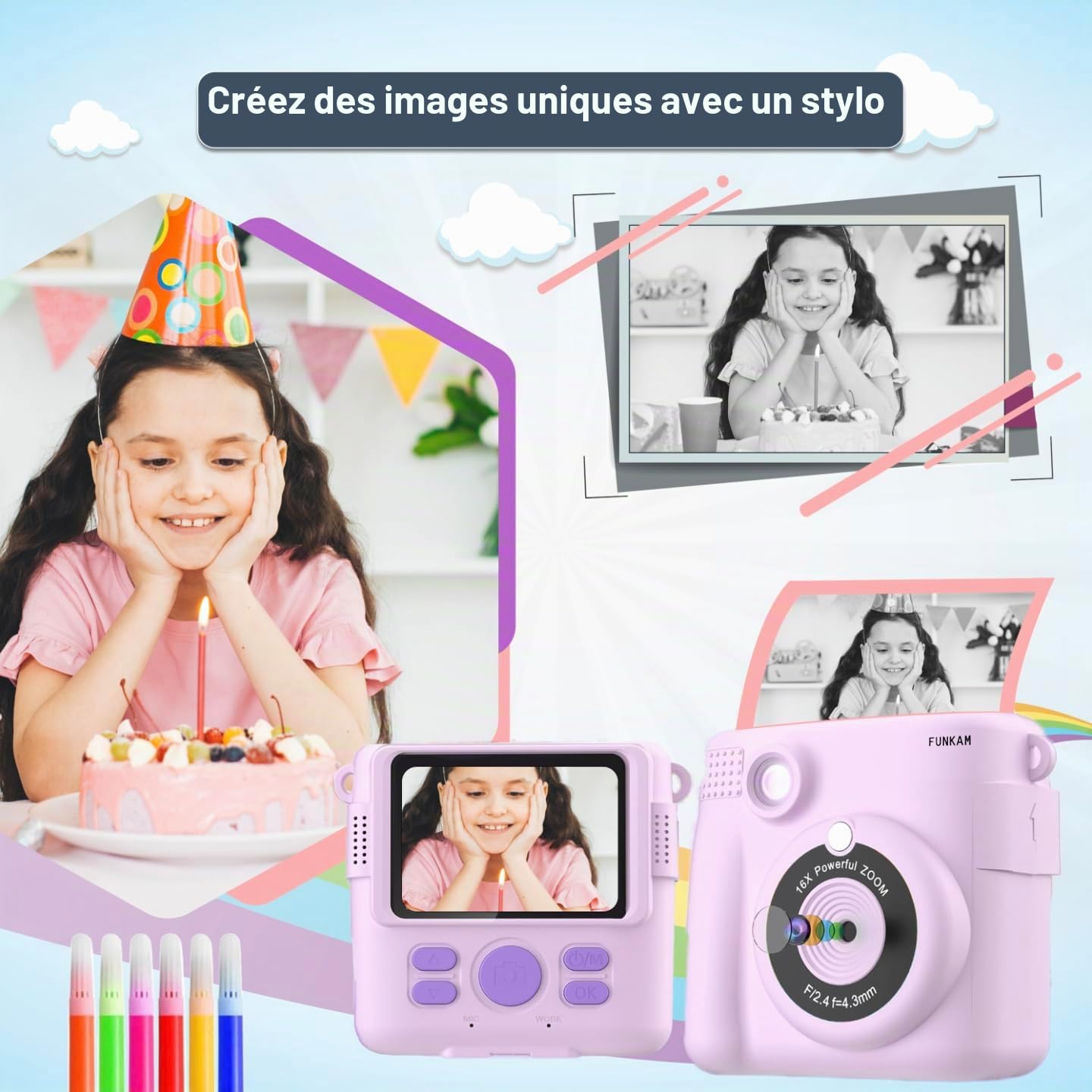 Appareil Photo Enfant Instantanée - 2,4" HD 1080P - avec Carte SD 32 GB, 5 Marqueurs, Autocollants, 5 Rouleaux de Papier, Pendentif. Appareil Photo Enfants et Filles de 3 à 14 Ans.