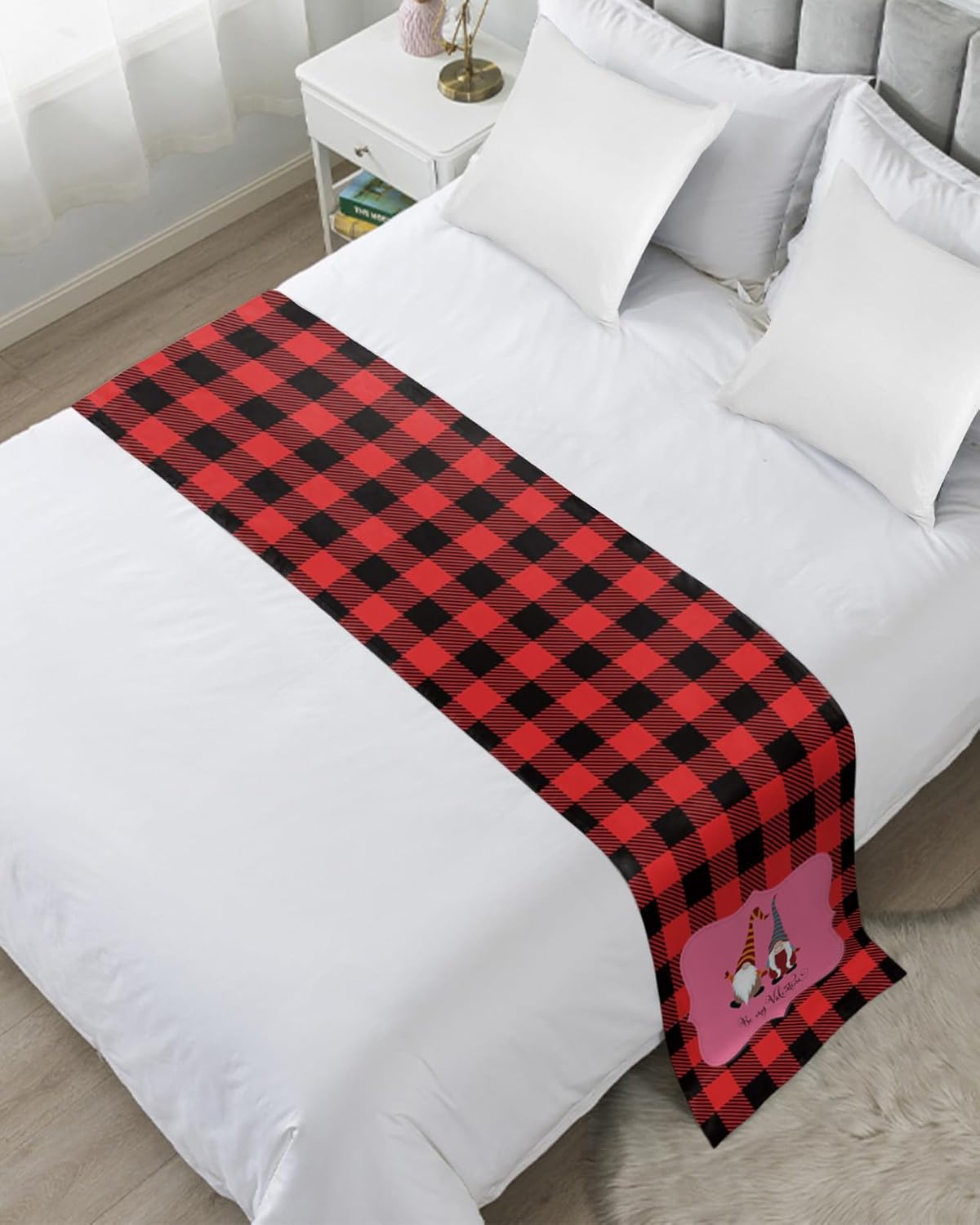 Bed Runner Scarf, Valentine's Day Lovely Dwarf Red Black Check Plaid King Bed Bedding Scarves Cover Decorative Bed Scarf for Home Hotel Guesthouse Bedroom Wedding Room Guestrooms 102"x20"