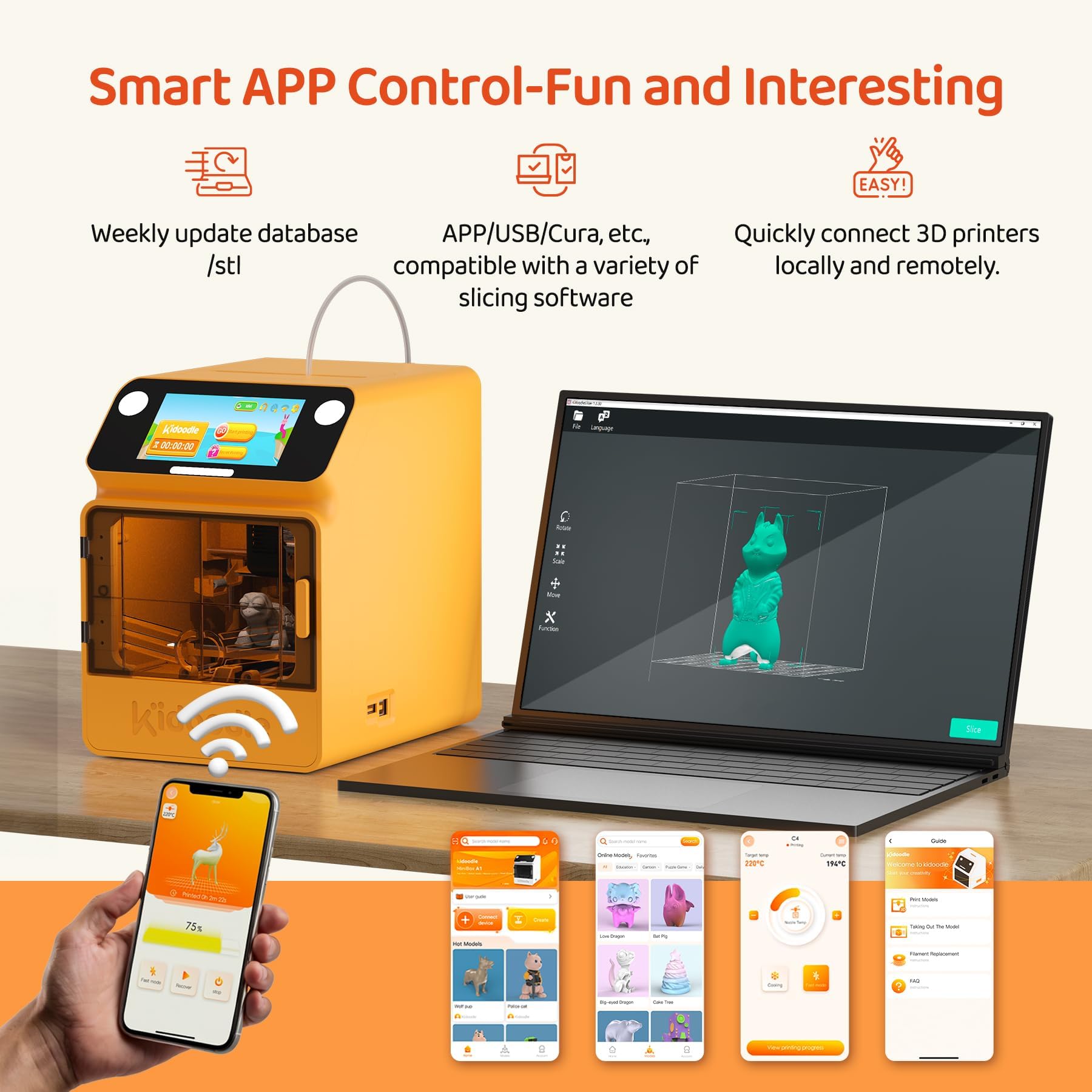 Kidoodle 3D Drucker Kinder - Mini 3D Drucker, Safe for Children STEM Learning Mate, Wi-Fi & App Control, Weekly Update Toy Library, Touch Screen, Toy 3D Printer, Easy Setting/One Click to Print