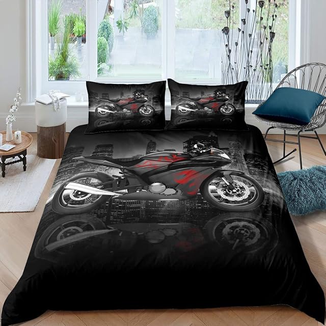 Men Motorcycle Pattern Bedding Set Cool Black Red Motorbike Comforter Cover for Kids Boys Teens Extreme Sports Theme Duvet Cover Modern City Building Bedspread Motocross Style Room Decor Single Size