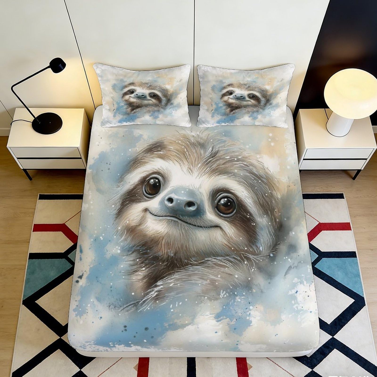 3D Printed Sloth Animal Fitted Sheet Microfiber Deep Pocket Non-Slip Sloth Mattress Fitted Cover Bedroom Bedding for Adults Teens 160x200x25cm