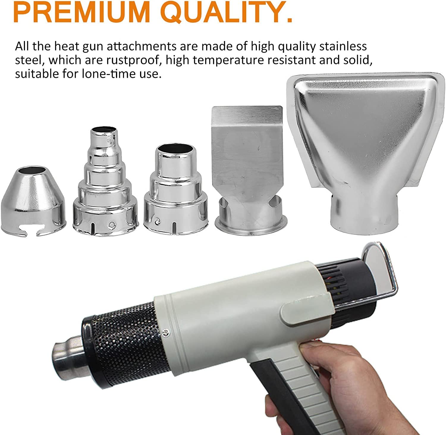 Elolicu 5Pcs Hot Air Gun Nozzle, Stainless Steel Heat Gun Nozzles Kit Hot Air Gun Attachments with Flare Nozzle Edge Protector Nozzle Air Outlet Diameter 1.38 Inch (Not Include Hot Air Gun)