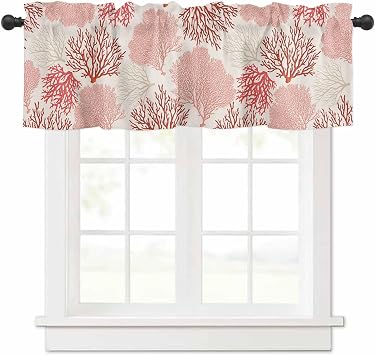 Red Coral Farmhouse Short Window Curtain Valances, Summer Beach Pink Beige Valances for Windows, Ocean Nautical Coastal Rod Pocket Window Treatments Kitchen Valances for Living Room Bedroom 54"x18"