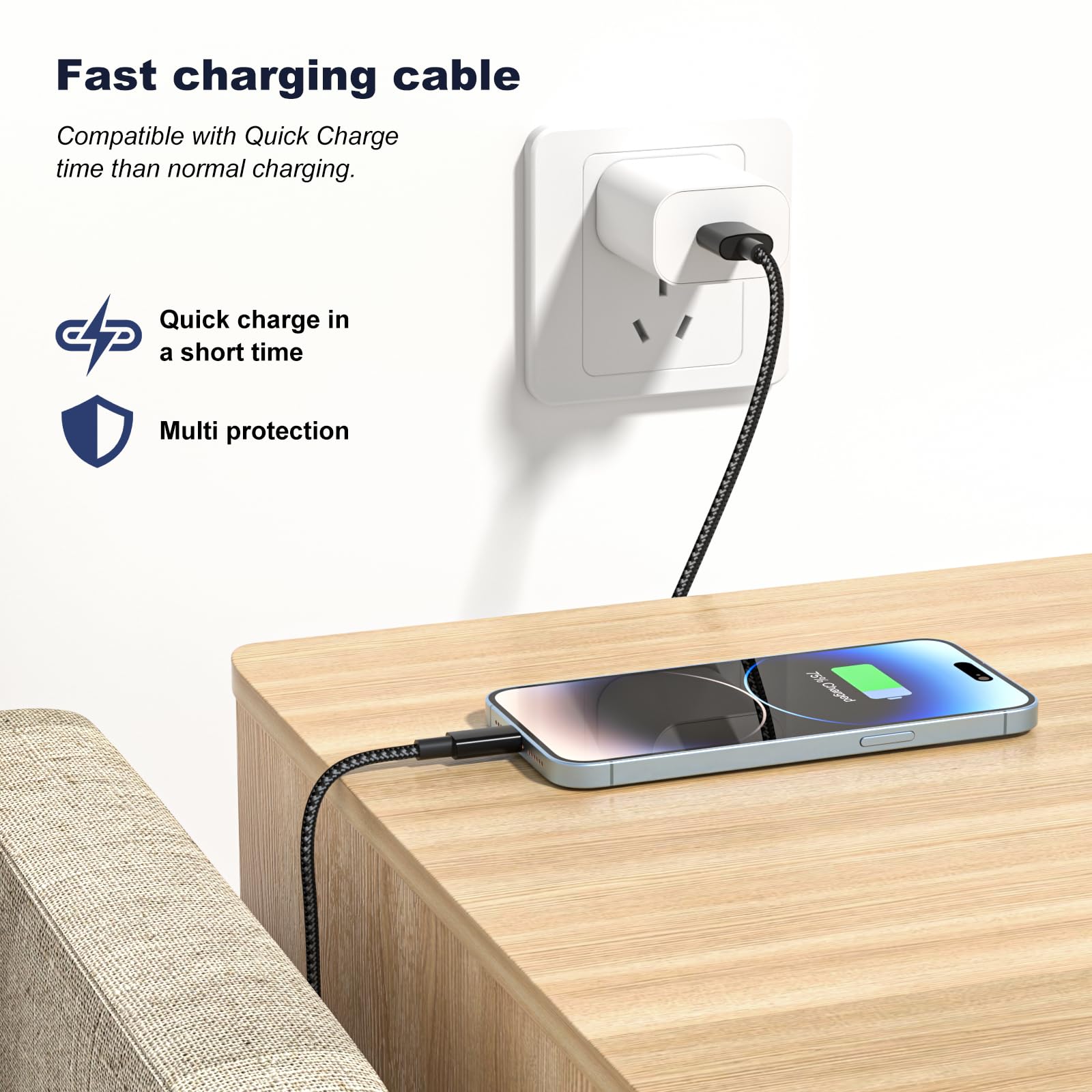 iPhone Charger Cable, 2Pack 1M+2M for Lightning to USB Cable MFi Certified, Fast Charging Braided Lead for Apple iPhone 14/13/12/11/Pro Max/XS/XR/8/7/6/Plus/5 SE, for iPad (Black) — view 3