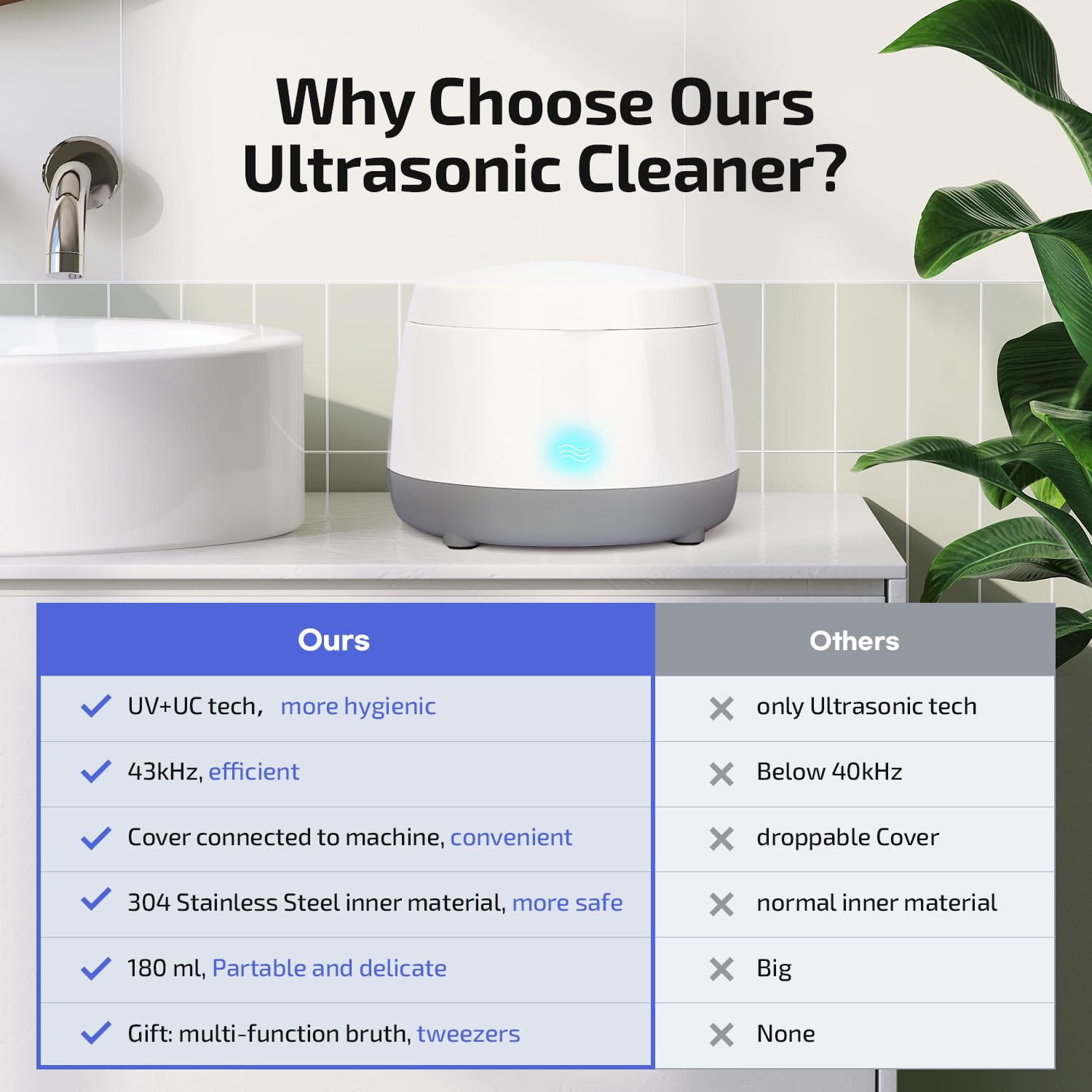 Appareil de nettoyage dentaire à ultrasons : dosette de nettoyage dentaire 43 kHz – Nettoyage en profondeur pour prothèses dentaires, protège-dents, aligneurs, protège-nuit, appareils dentaires, têtes