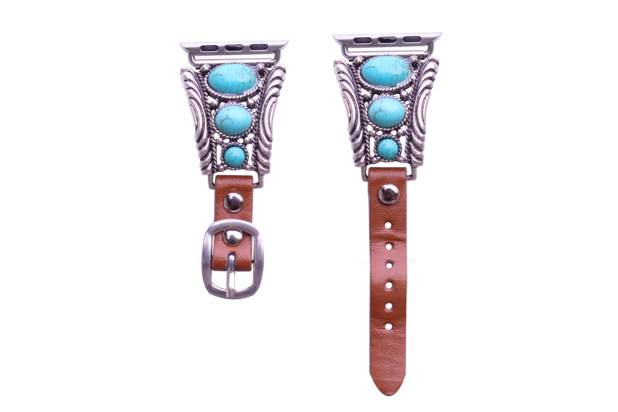 38mm, 40mm, 41mm compatible for Apple Watch Series 8,7,6,5,4, and SE Small Versions, Western Design Faux Turquoise Genuine Leather Band No.9