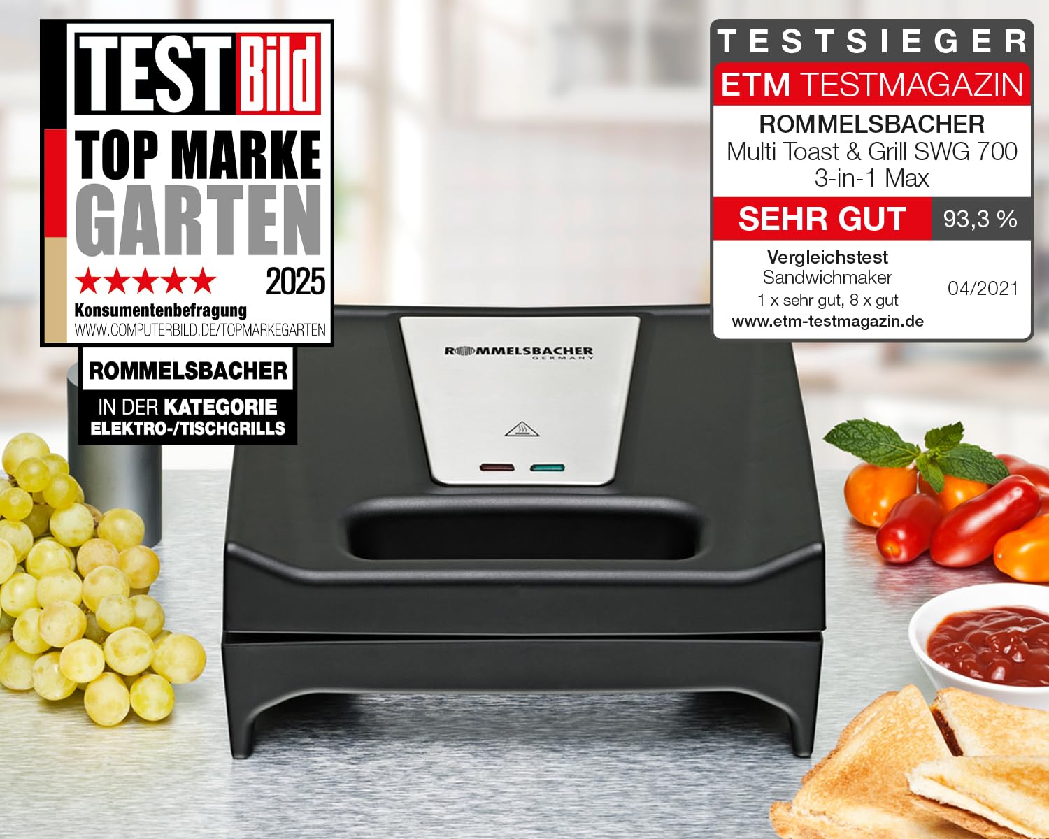 ROMMELSBACHER Multi Toast & Grill SWG 700 'Max' - 3 antihaftbeschichtete Wechselplatten für Sandwiches, Belgische Waffeln, Gegrilltes, 700 Watt, schwarz/edelstahl