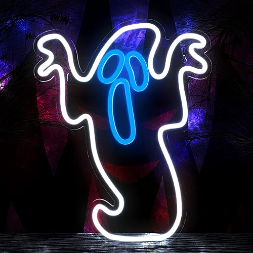 Luz de neón fantasma de Halloween, letreros de neón parpadeantes para decoración de pared de 16.3 x 13 pulgadas, luz LED de neón fantasma de