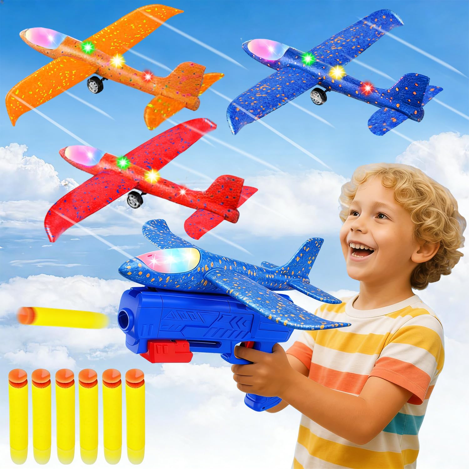 Airplane Launcher Toys, 3 Pack LED Throwing Glider Plane, Catapult Aeroplane Toy with Blue Gun, Includes 6 Soft Darts,Outdoor Sport Flying Toy for Kid Age 6 7 8 9 Year Old Boy Fun Birthday Gifts — image 1
