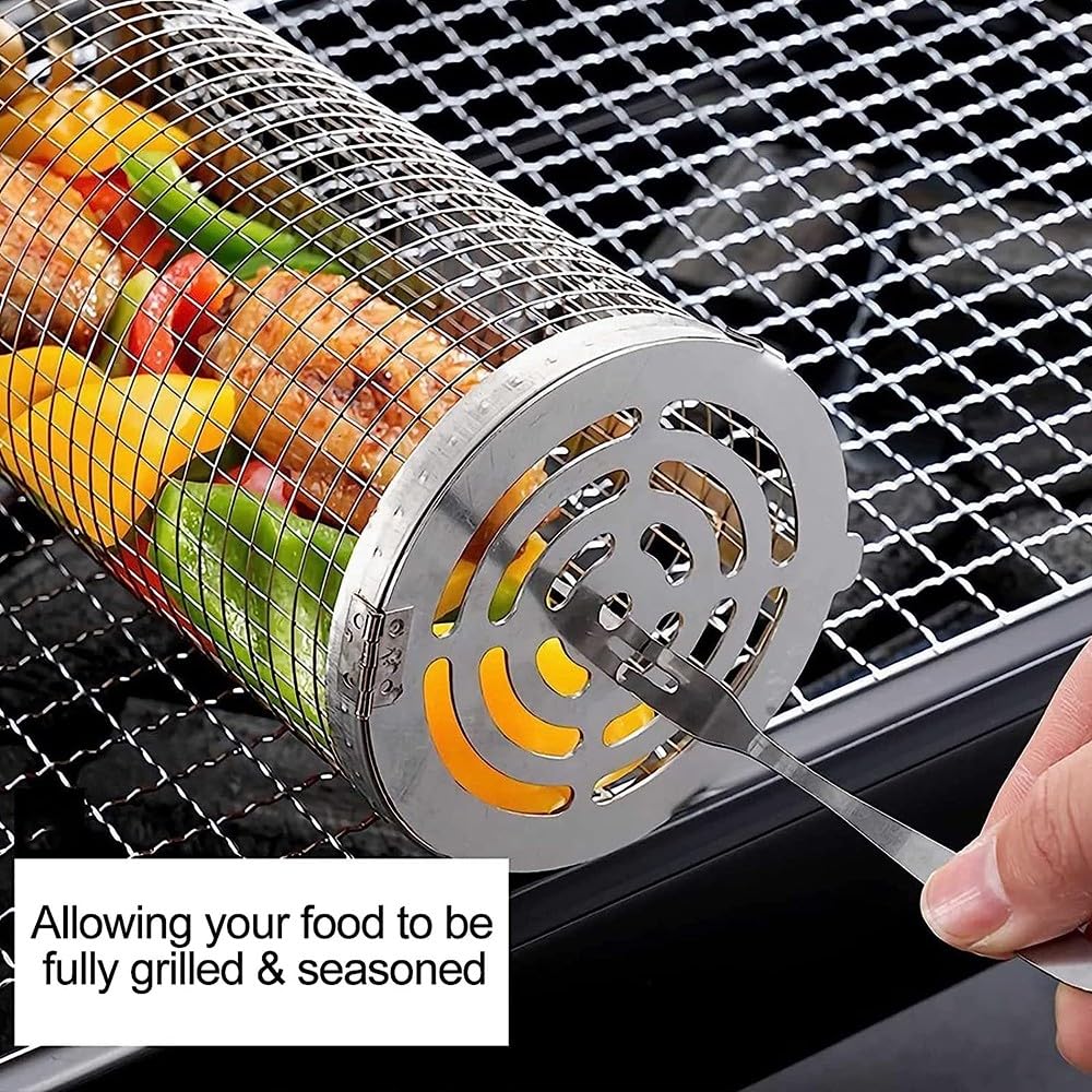 Cestino cilindrico per barbecue, Cestello per Griglia Rotante, Cestello per Barbecue in Acciaio Inossidabile, Cestini per Grigliare pentole per Grigliare Verdure Pesce Carne 4pc,30cm