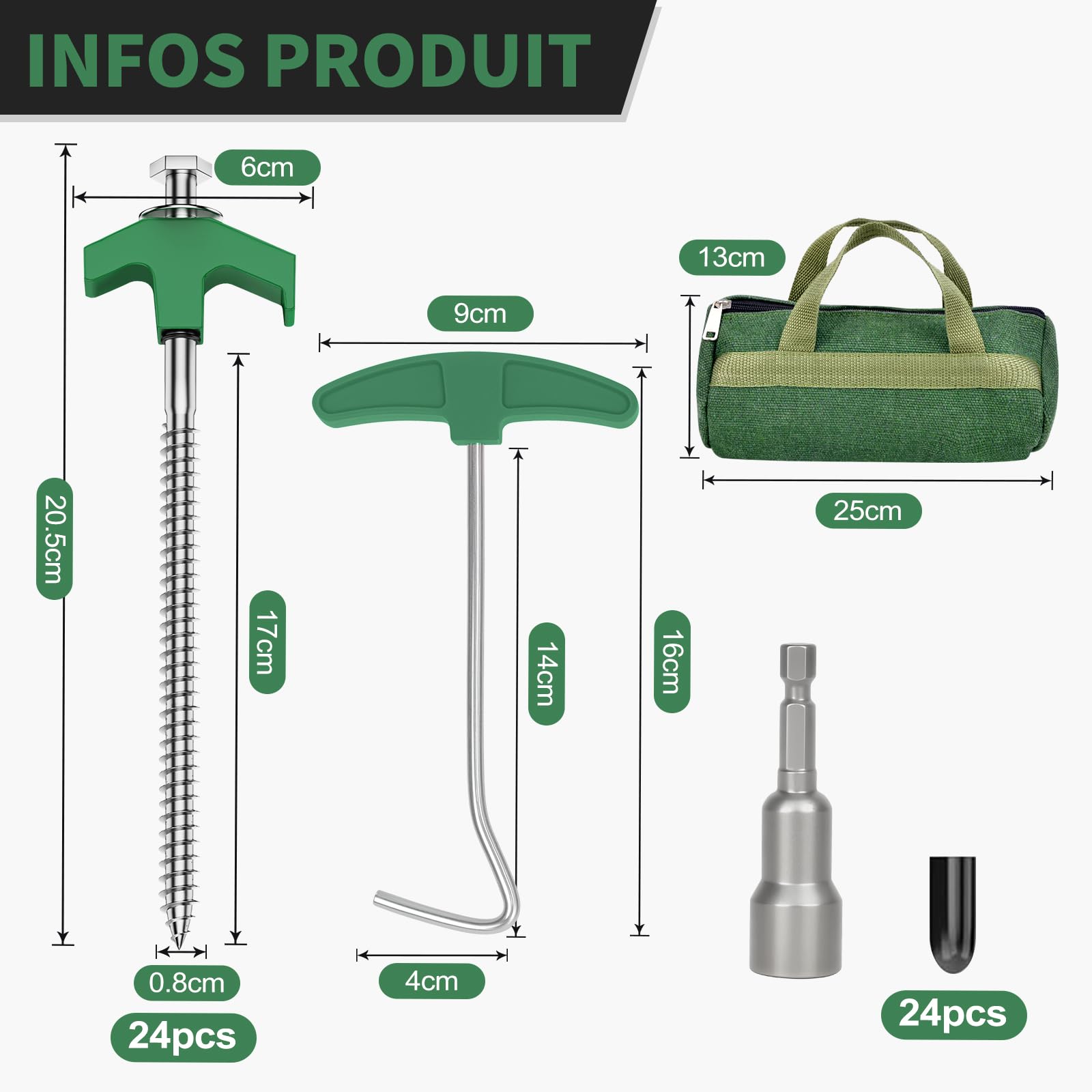 Lot De 10 Piquets De Tente FTJKGH – Acier Galvanisé, 20,5 Cm, Avec Extracteur Et Embout Hexagonal