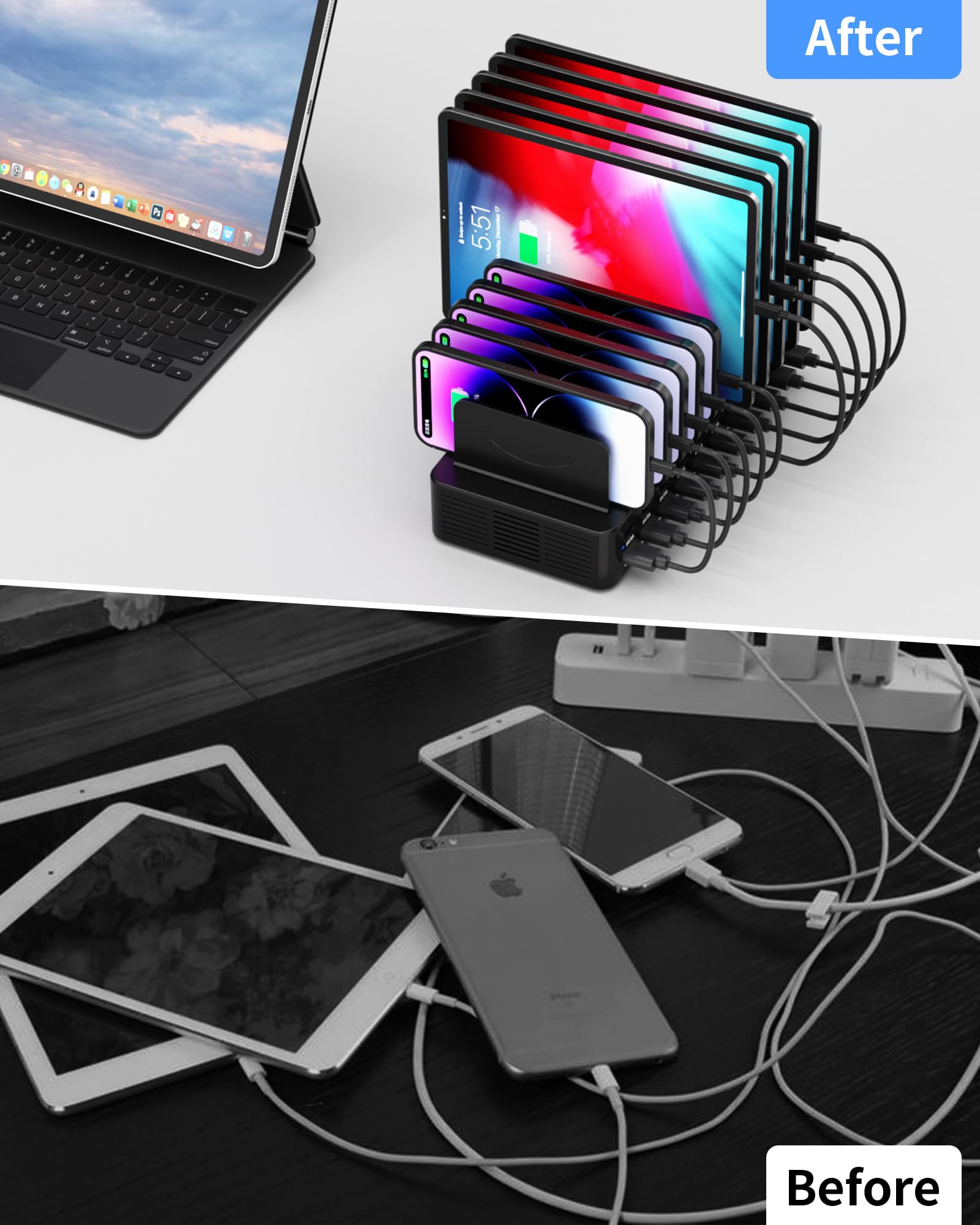 Estación de carga de 270 W para múltiples dispositivos, estación de carga rápida USB de 20 puertos con divisores ajustables y 10 cables, base de carga organizadora de múltiples dispositivos para
