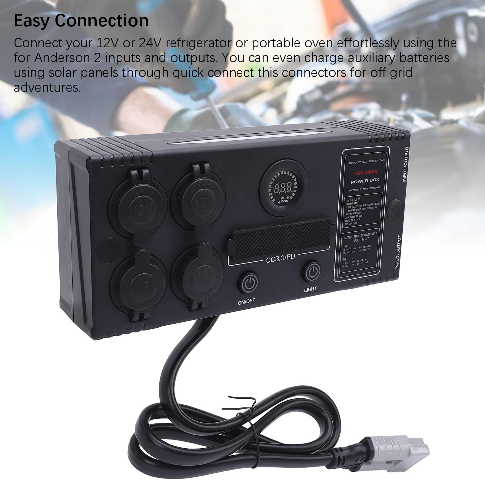 Alimentatore portatile 12V 24V - Hub di controllo multifunzione, porte USB C PD QC 3.0 a ricarica rapida e porte Anderson, interruttore automatico da 50 A, resistente alla polvere