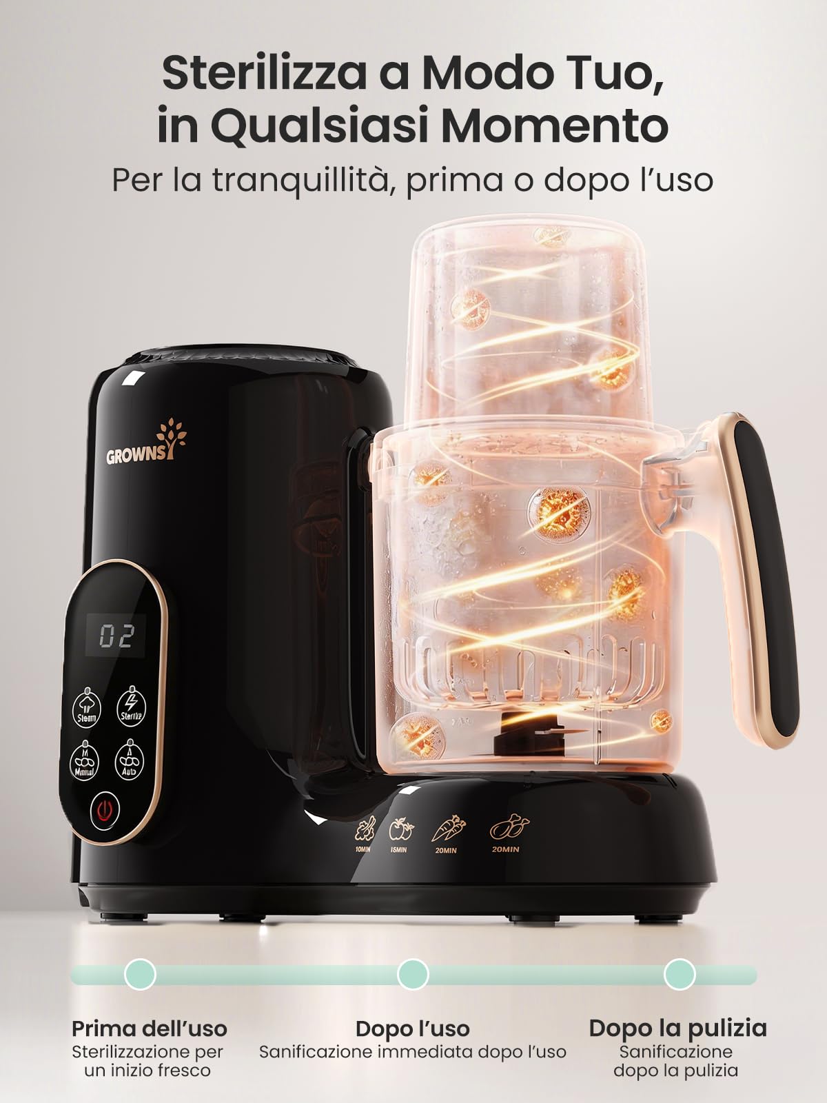 Grownsy Cuocipappa Multifunzione 7-in-1 Robot Cucina per Svezzamento con Doppio Cestello a Vapore, BPA Free