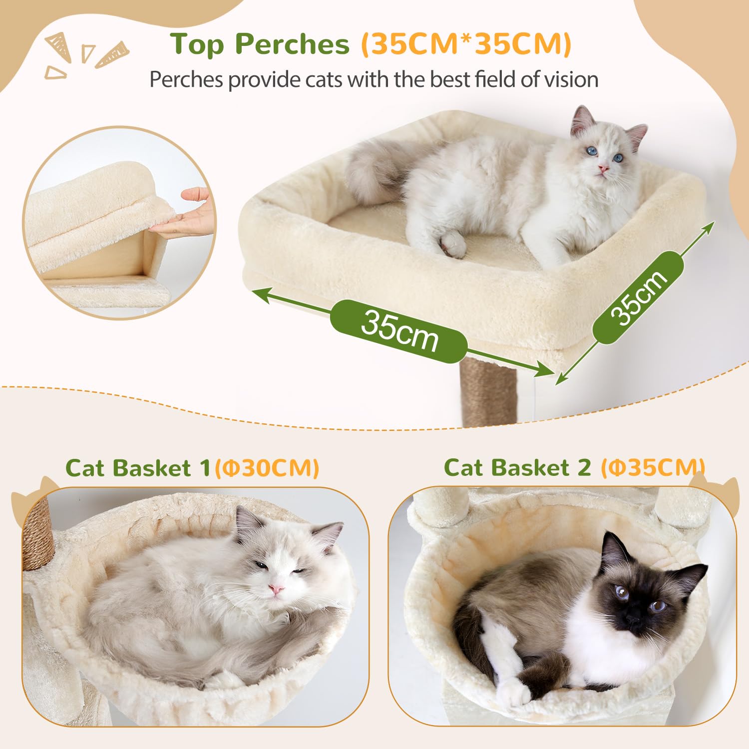 Globlazer Arbre a Chat XXL Beige pour Gros Chat 189 cm avec 2 Grande Niches 45 * 30CM, 3 Plateforme Rembourrée, 2 Panier, Peluche Jouets, Arbres à Chats XXL pour Grande Chats Intérieur (F74F, Beige)