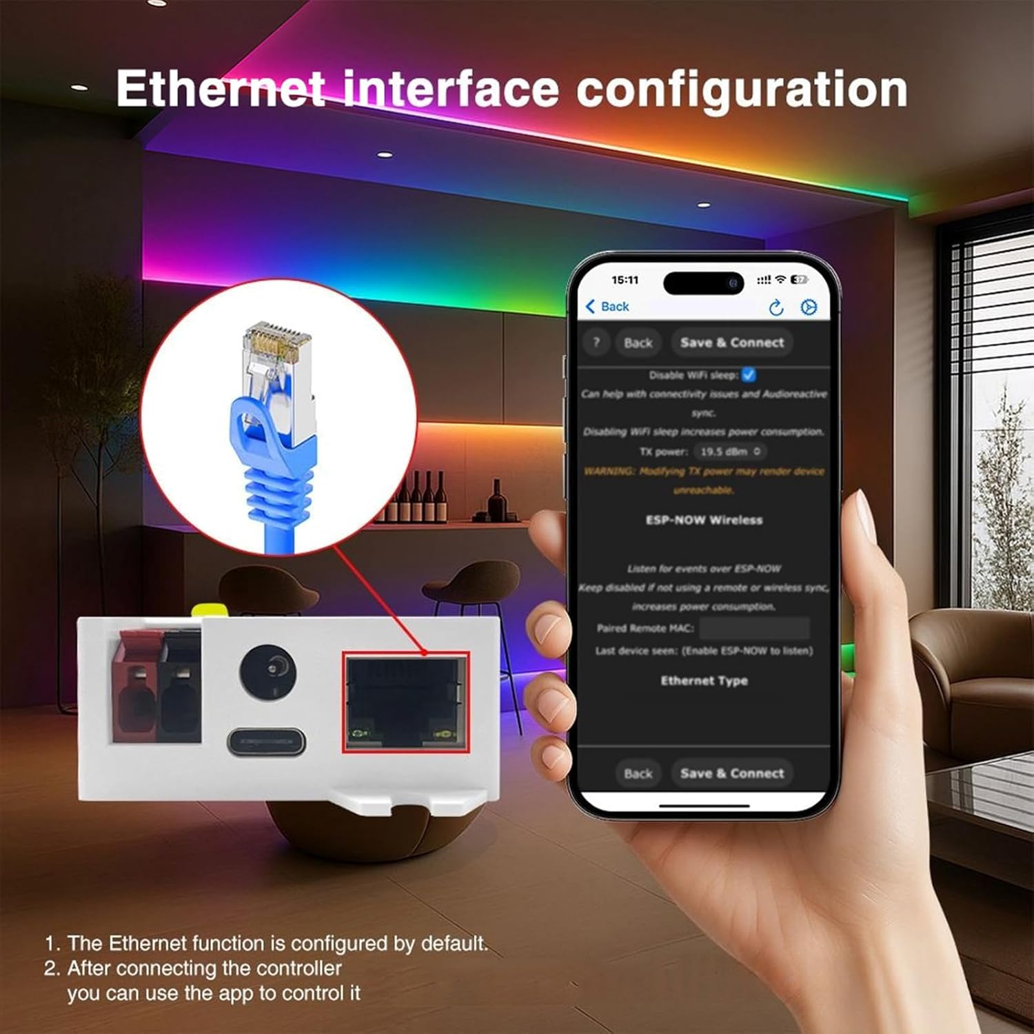 Fafeicy WLED Controller Advanced LED Strip Light Controller with Ethernet Music Sync Dynamic Effects for Home Theater Gaming Room PC Plastic 129x50x23mm