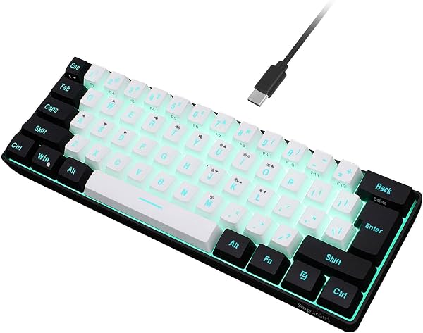 Teclado gamer alámbrico Snpurdiri 60%, 61 teclas RGB (negro-blanco) | Retroiluminación ultracompacto pequeño para PC/Mac gamer, mecanógrafo, viajero, fácil de llevar en viajes de negocios