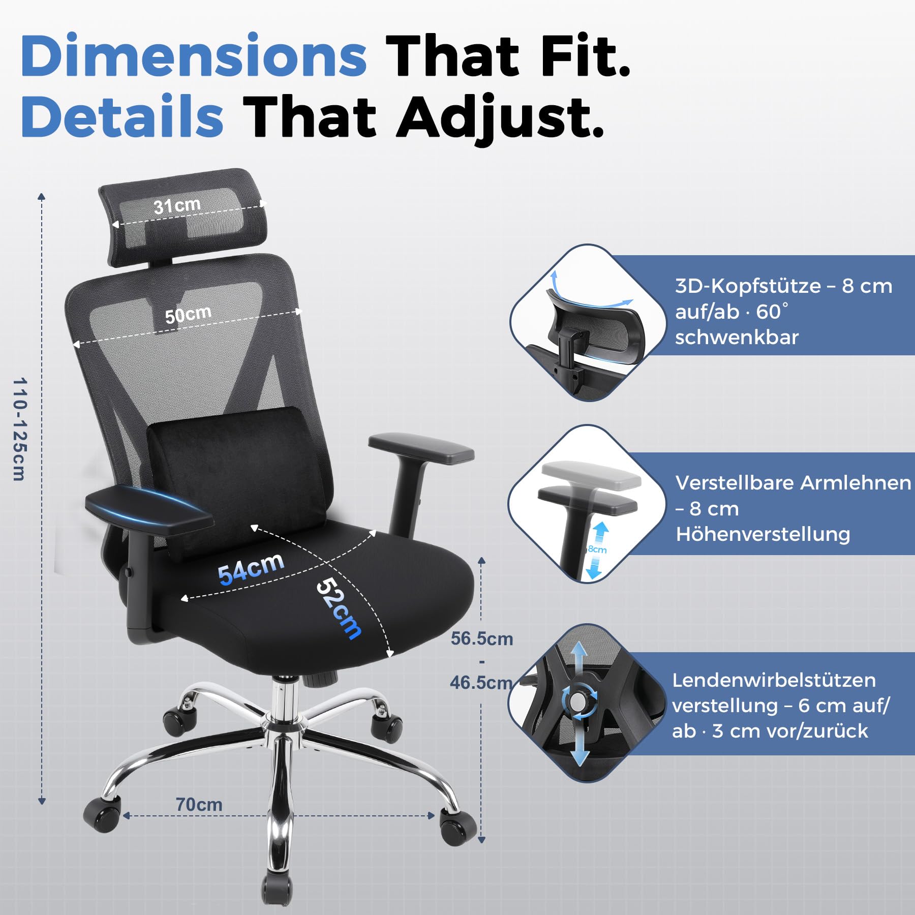 GTPLAYER Bürostuhl Ergonomisch [TESTSIEGER], Schreibtischstuhl mit 3D-Lendenwirbelstütze, Verstellbarer Kopfstütze und Armlehnen, Chefsessel Office Chair 150kg Schwarz