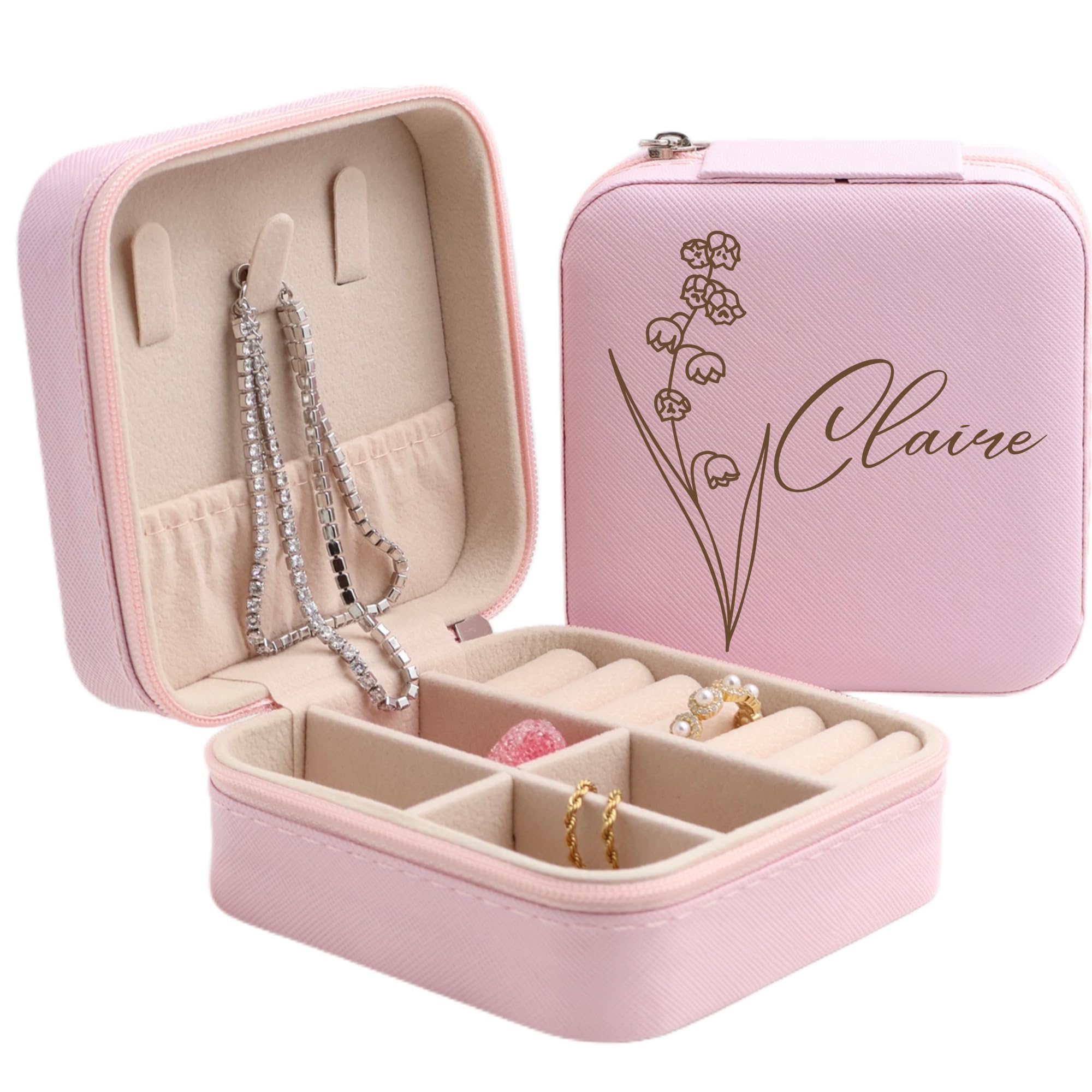 Personalized Leather Jewelry Box with Name and Birth Flower Month - Custom Jewelry Travel Case for Women, Mom, Nana, Children - Custom Name and Birth